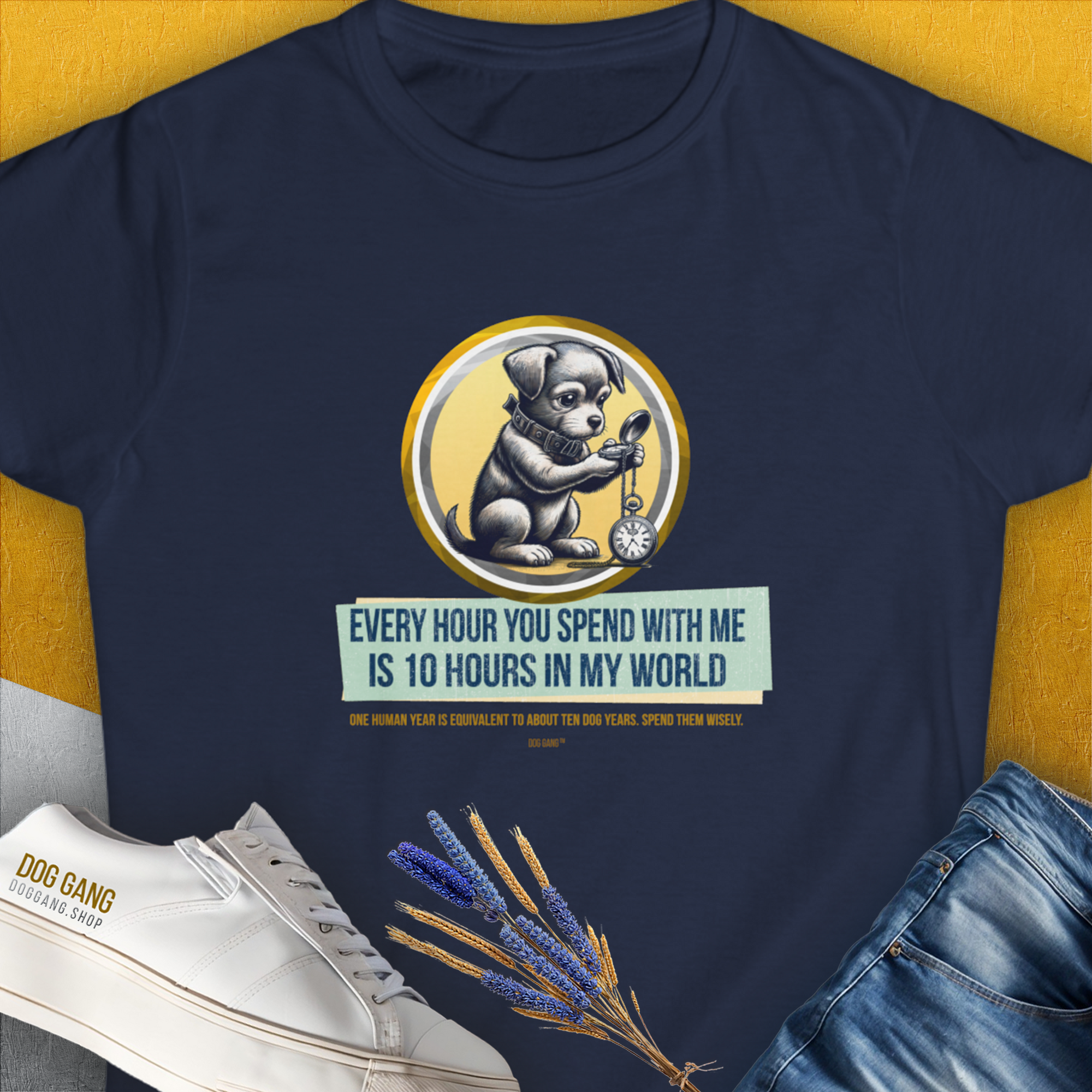 Navy ringspun cotton womens tee, One Human Year = Ten Dog Years, Volume 1, features a playful puppy with a clock design. Designed by Dog Gang.