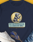 Navy ringspun cotton womens tee, One Human Year = Ten Dog Years, Volume 1, features a playful puppy with a clock design. Designed by Dog Gang.