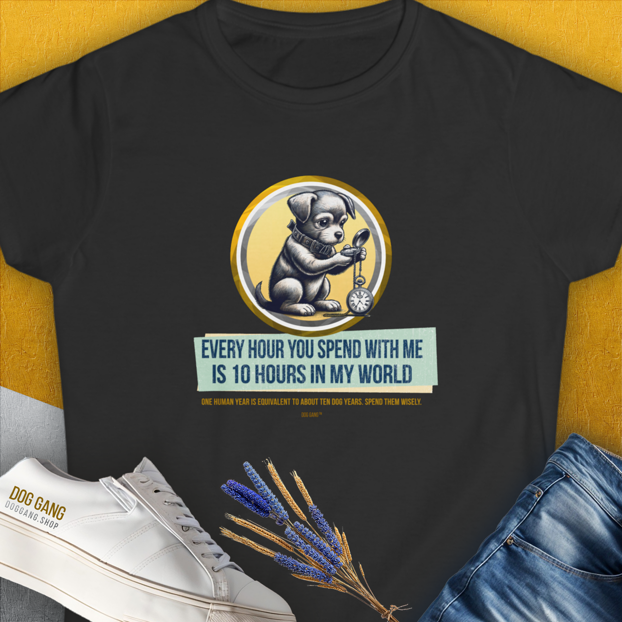 One Human Year = Ten Dog Years, Volume 1, Women&#39;s T-Shirt-Black. A perfect gift for dog lovers and dog owners. Design by Dog Gang
