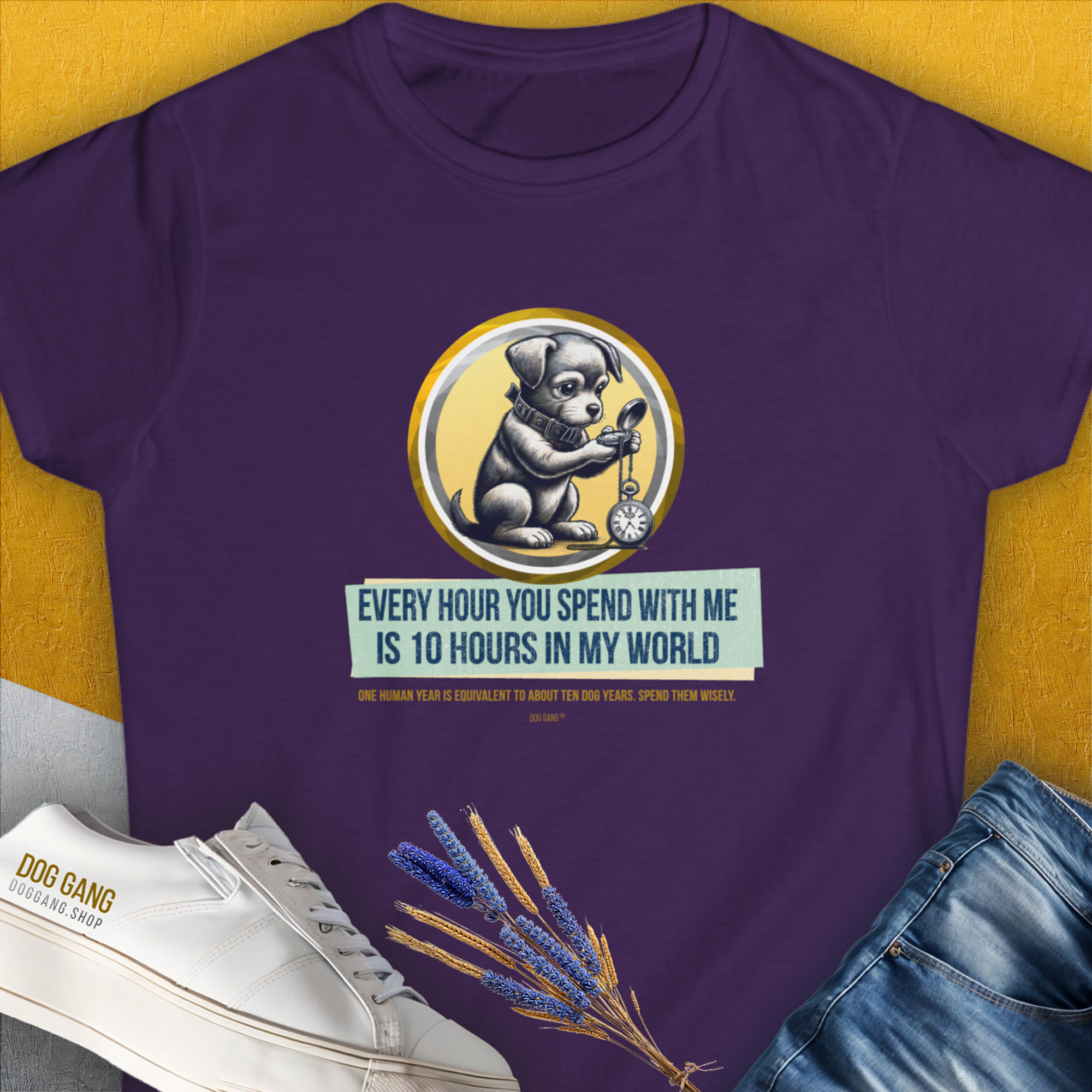 One Human Year = Ten Dog Years, Volume 1, Women&#39;s T-Shirt-Purple-a funny shirt for dog lovers and dog owners, designed by Dog Gang of Switzerland, printed locally in your region
