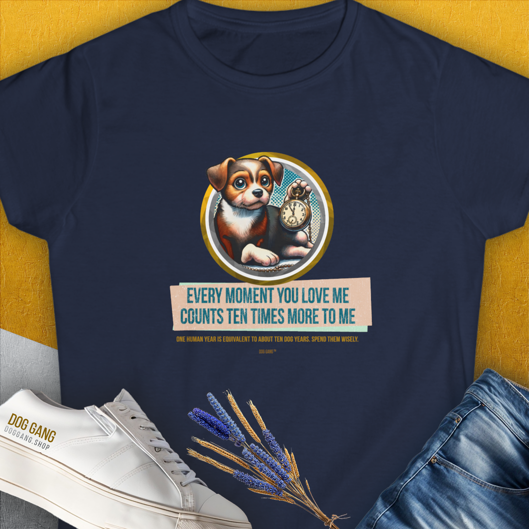 One Human Year = Ten Dog Years, Volume 3, Women&#39;s T-Shirt-Navy-a funny shirt for dog lovers and dog owners, designed by Dog Gang of Switzerland, printed locally in your region