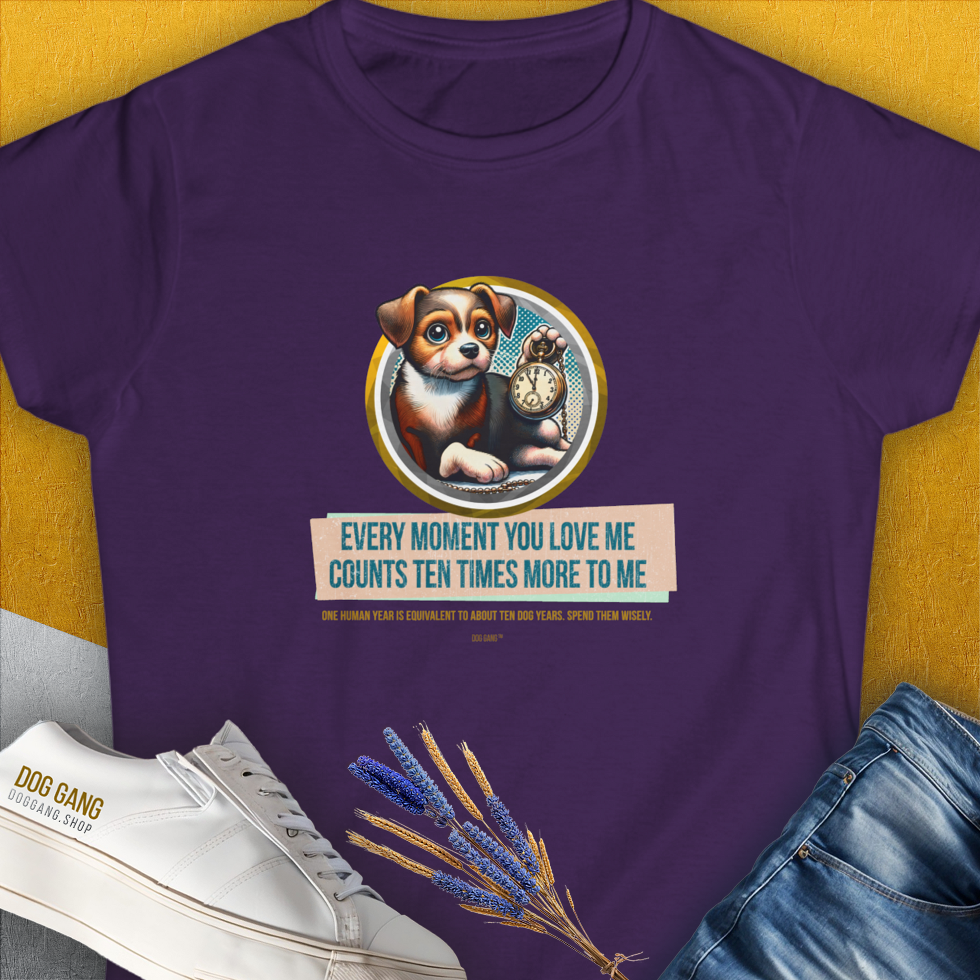 One Human Year = Ten Dog Years, Volume 3, Women&#39;s T-Shirt-Purple. A perfect gift for dog lovers and dog owners. Design by Dog Gang