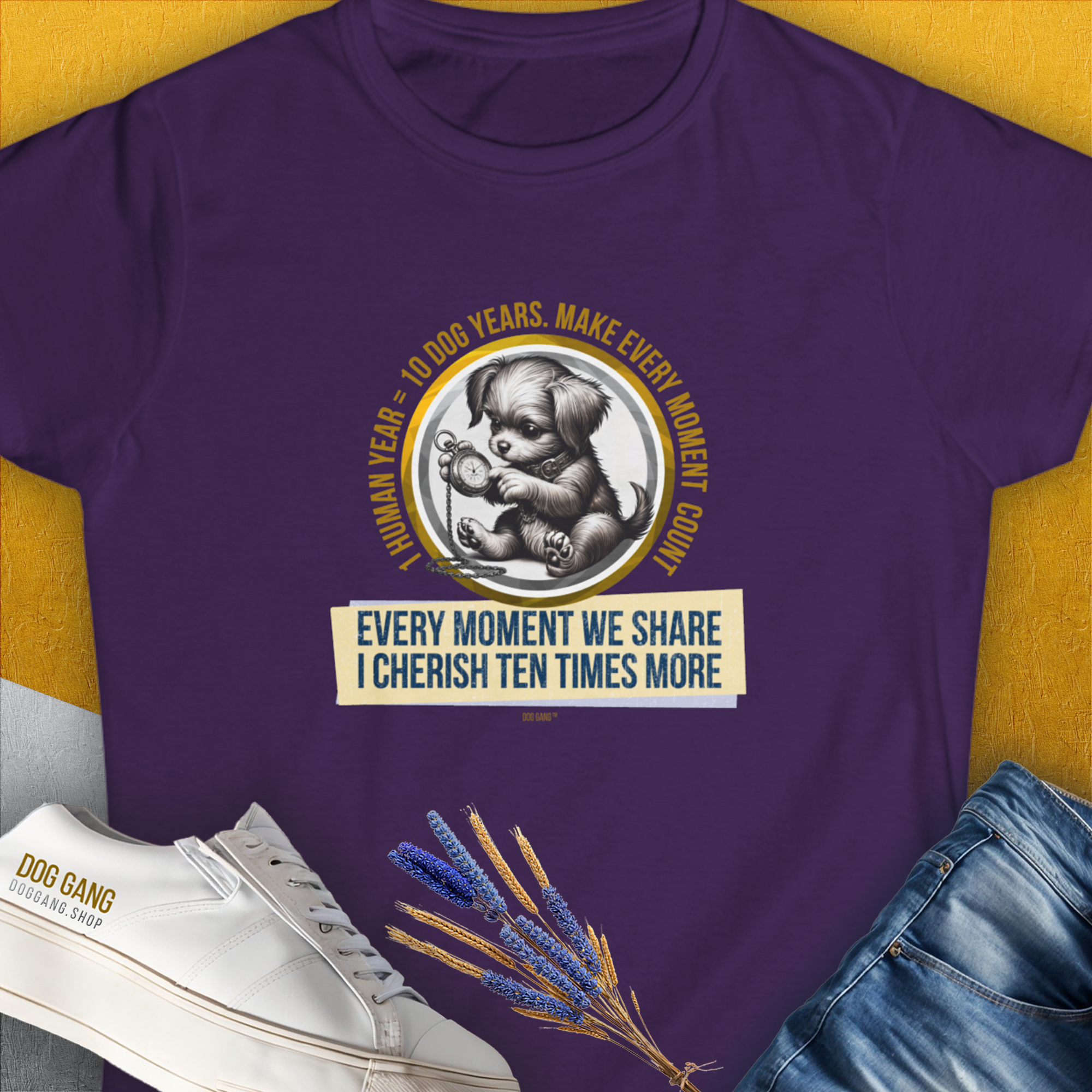 Funny dog shirt: Purple semi-fitted Womens T-shirt with One Human Year = Ten Dog Years, Volume 4. Features a cute dog illustration and quote: Every Moment We Share I Cherish Ten Times More. Designed by Dog Gang.