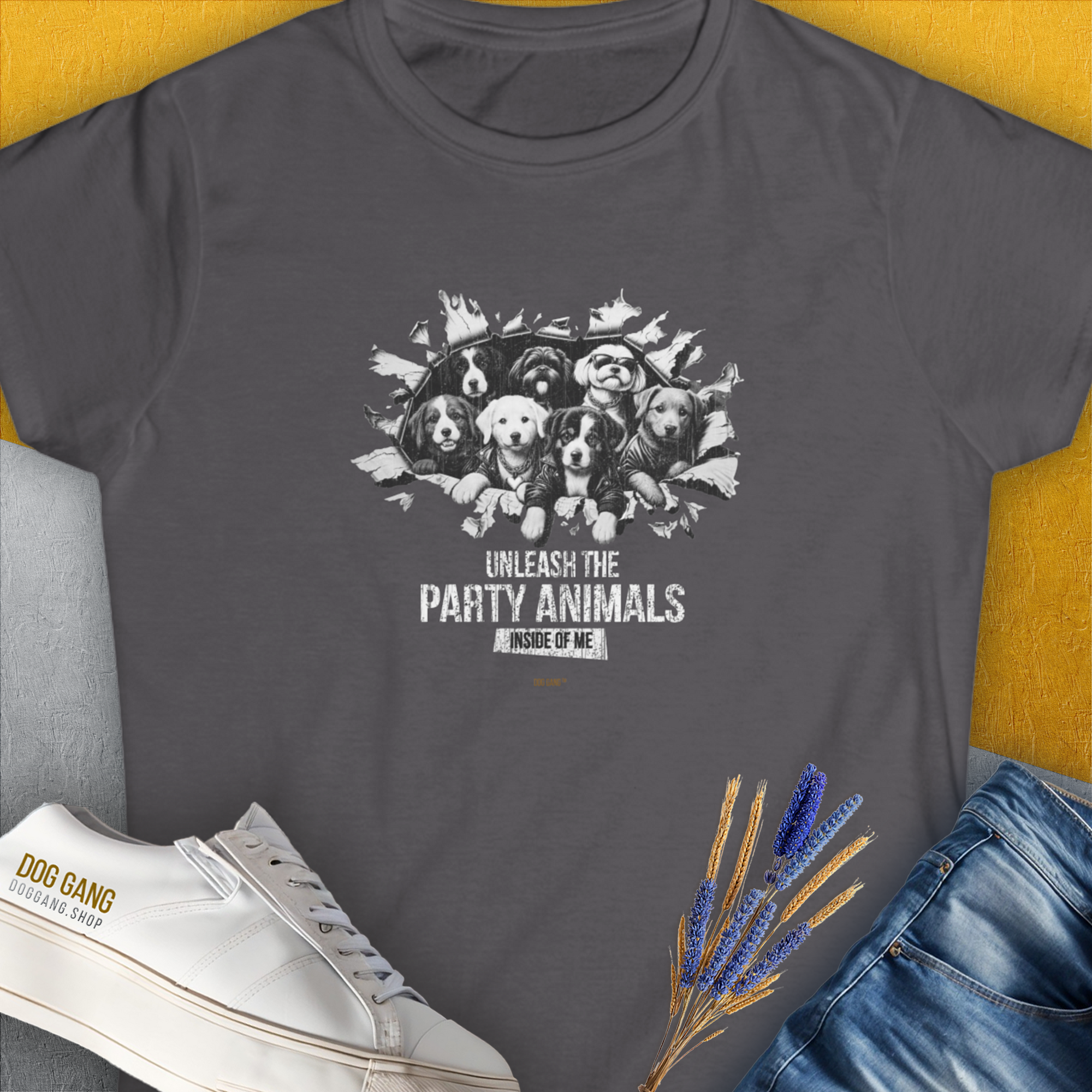 Unleash-Series (Party Animals), Volume 1, Women&#39;s T-Shirt-Charcoal. A dog-themed Design from Dog Gang