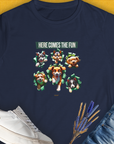 Navy Unleash-Series Volume 4 Womens T-Shirt with cartoon dogs and Here Comes the Fun text. Perfect for any dog person looking for a puppy print tee. Designed by Dog Gang.