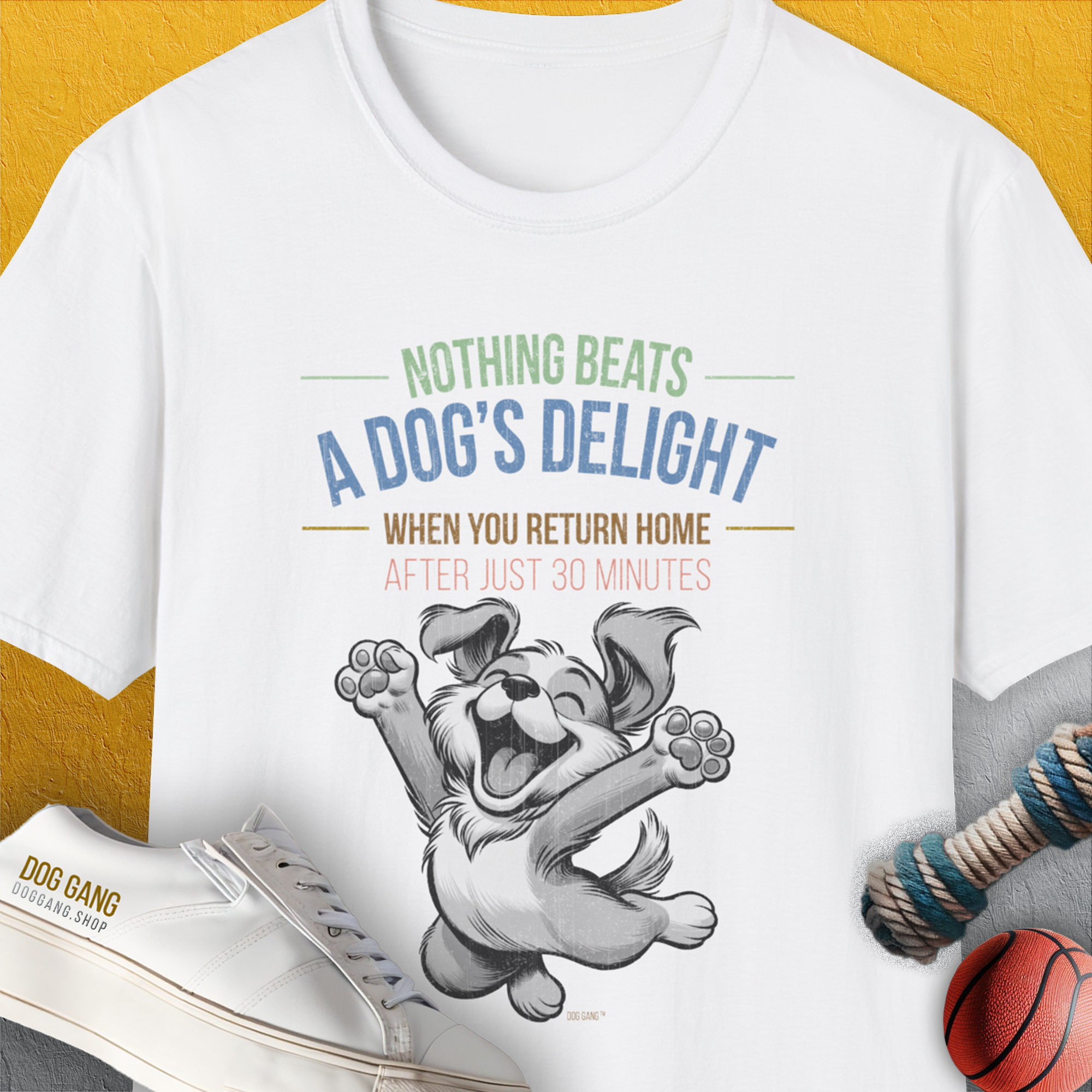Nothing Beats A Dog's Delight When You Return Home, Volume 1, Unisex T-Shirt-White-funny dog lover Shirtdesign by Dog Gang