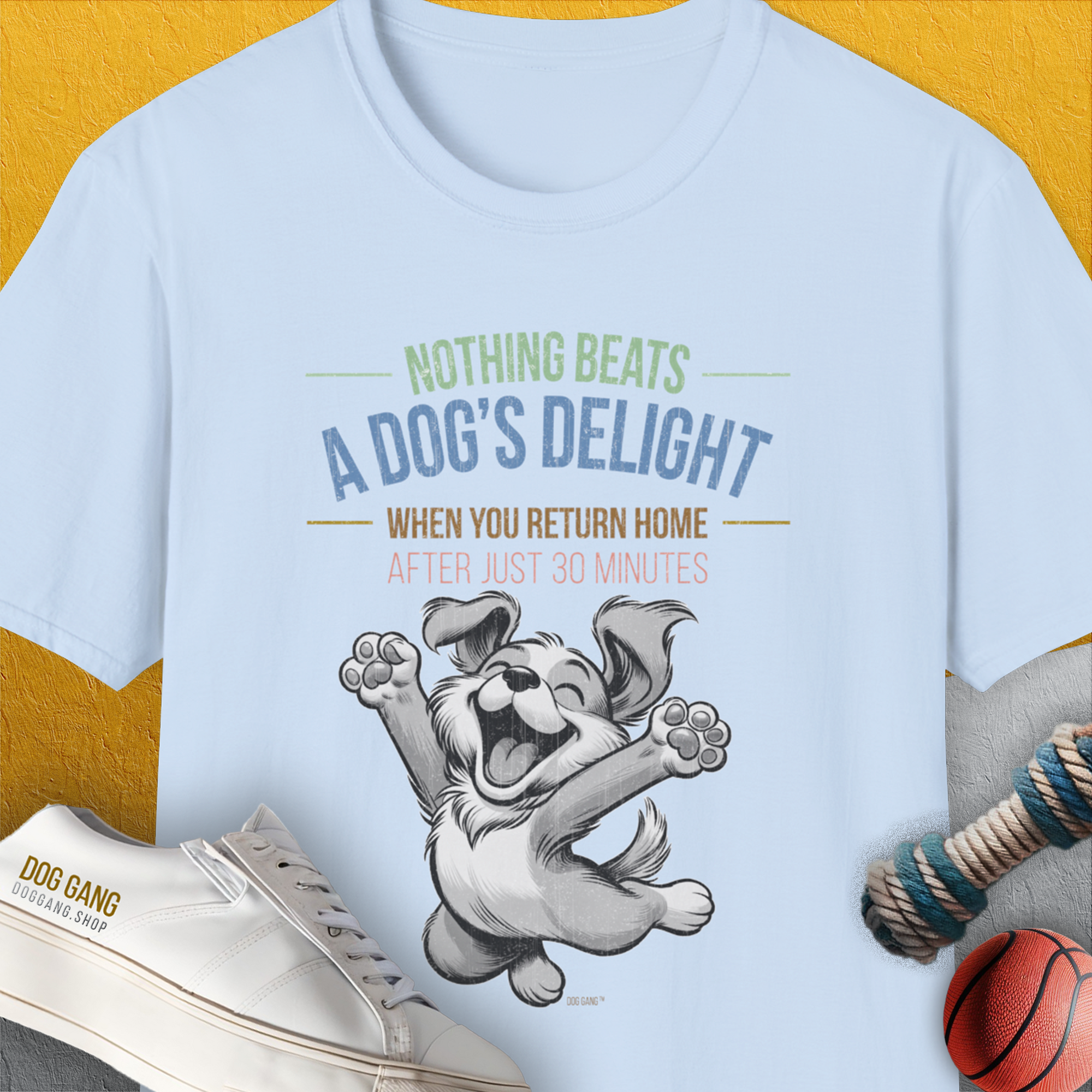 Nothing Beats A Dog's Delight When You Return Home, Volume 1, Unisex T-Shirt-Light Blue-funny dog lover Shirtdesign by Dog Gang