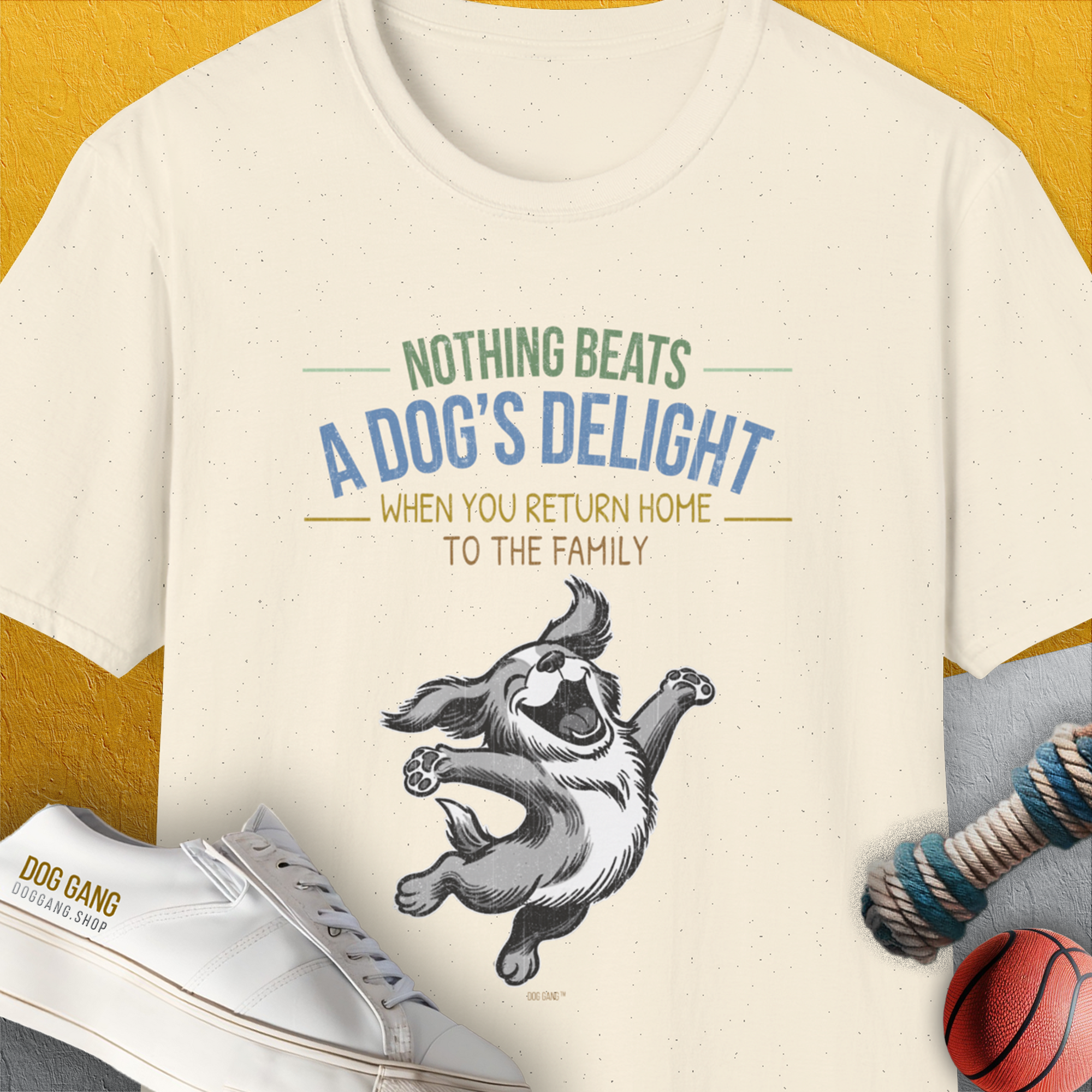 Nothing Beats A Dog's Delight When You Return Home, Volume 3, Unisex T-Shirt-Natural-funny dog lover Shirtdesign by Dog Gang
