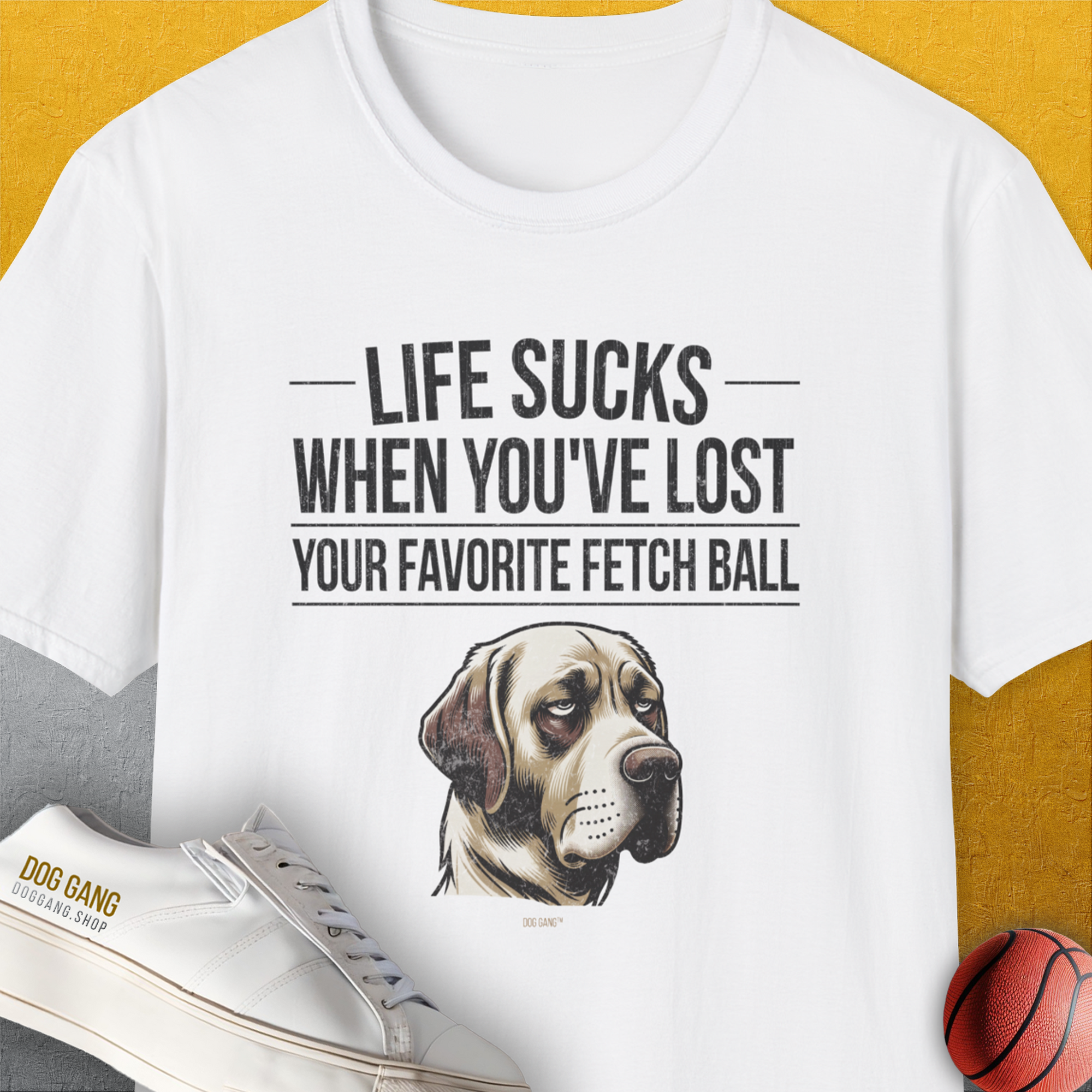 Life Sucks When You've Lost Your Favorite Fetch Ball, Volume 1, Unisex T-Shirt-White-funny dog lover Shirtdesign by Dog Gang
