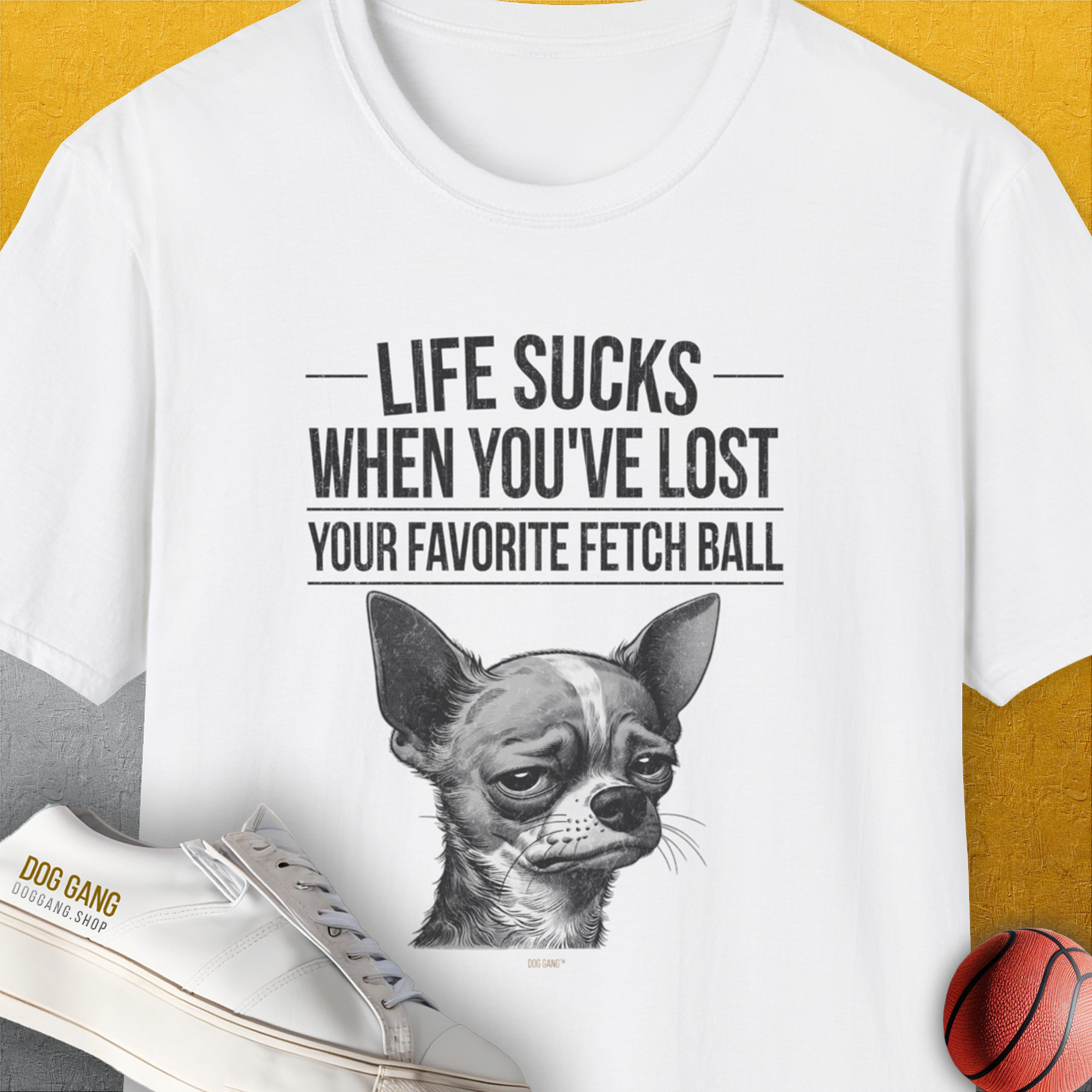 Life Sucks When You've Lost Your Favorite Fetch Ball, Volume 6, Unisex T-Shirt-White-funny dog lover Shirtdesign by Dog Gang