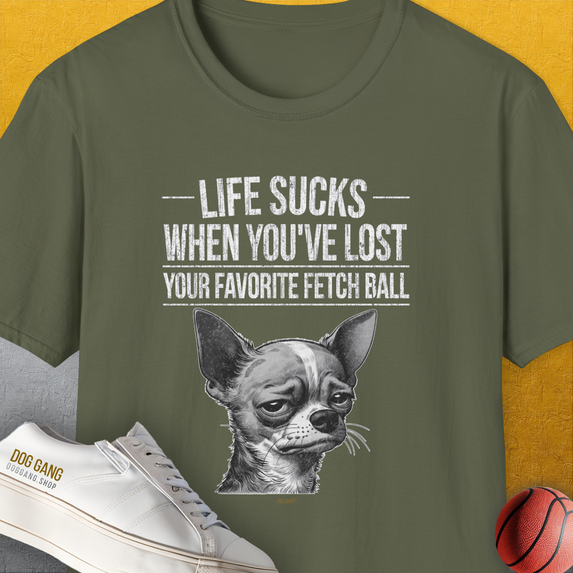 Life Sucks When You&#39;ve Lost Your Favorite Fetch Ball, Volume 6, Unisex T-Shirt-Military Green-funny dog lover Shirtdesign by Dog Gang