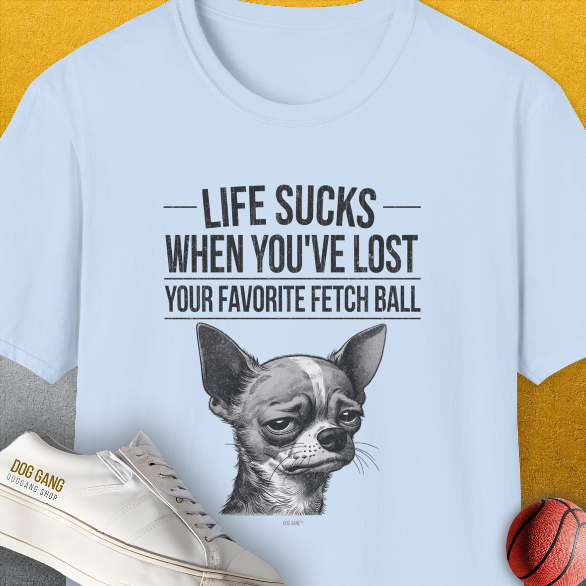 Life Sucks When You&#39;ve Lost Your Favorite Fetch Ball, Volume 6, Unisex T-Shirt-Light Blue-funny dog lover Shirtdesign by Dog Gang