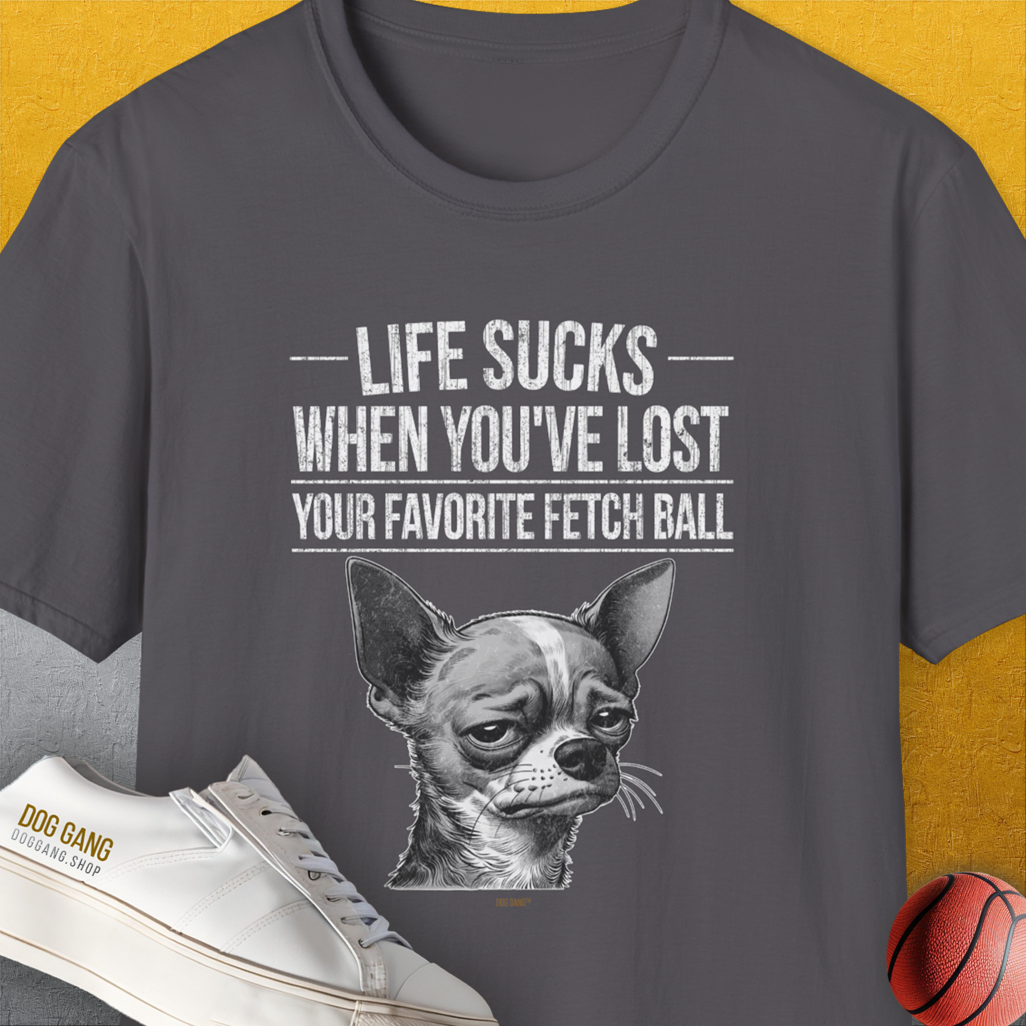Life Sucks When You've Lost Your Favorite Fetch Ball, Volume 6, Unisex T-Shirt-funny and stylish. A perfect gift for dog lovers. Shirtdesign by Dog Gang