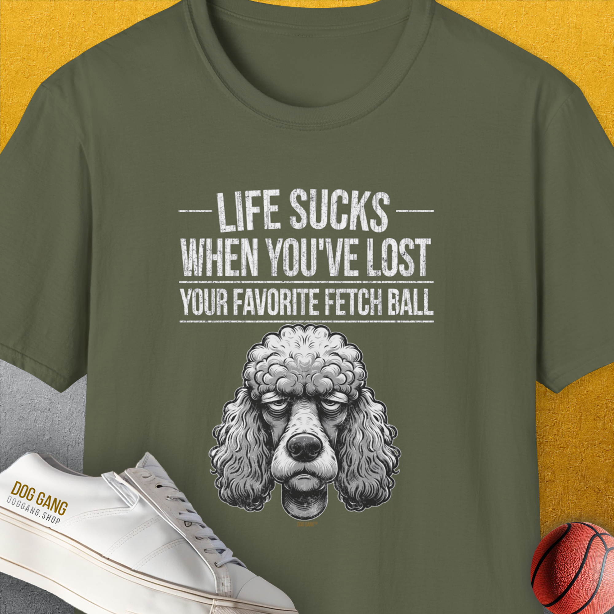 Life Sucks When You&#39;ve Lost Your Favorite Fetch Ball, Volume 7, Unisex T-Shirt-Military Green-funny dog lover Shirtdesign by Dog Gang