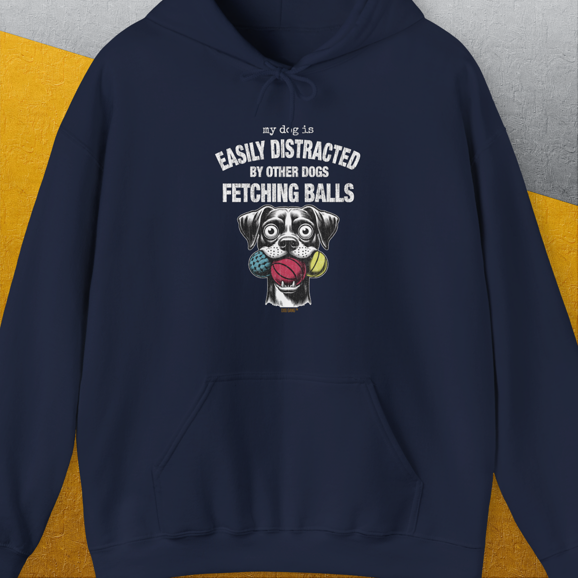My Dog Is Easily Distracted By - Volume 4: Other Dogs Fetching Balls, Unisex Hoodie-Navy, Design by Dog Gang