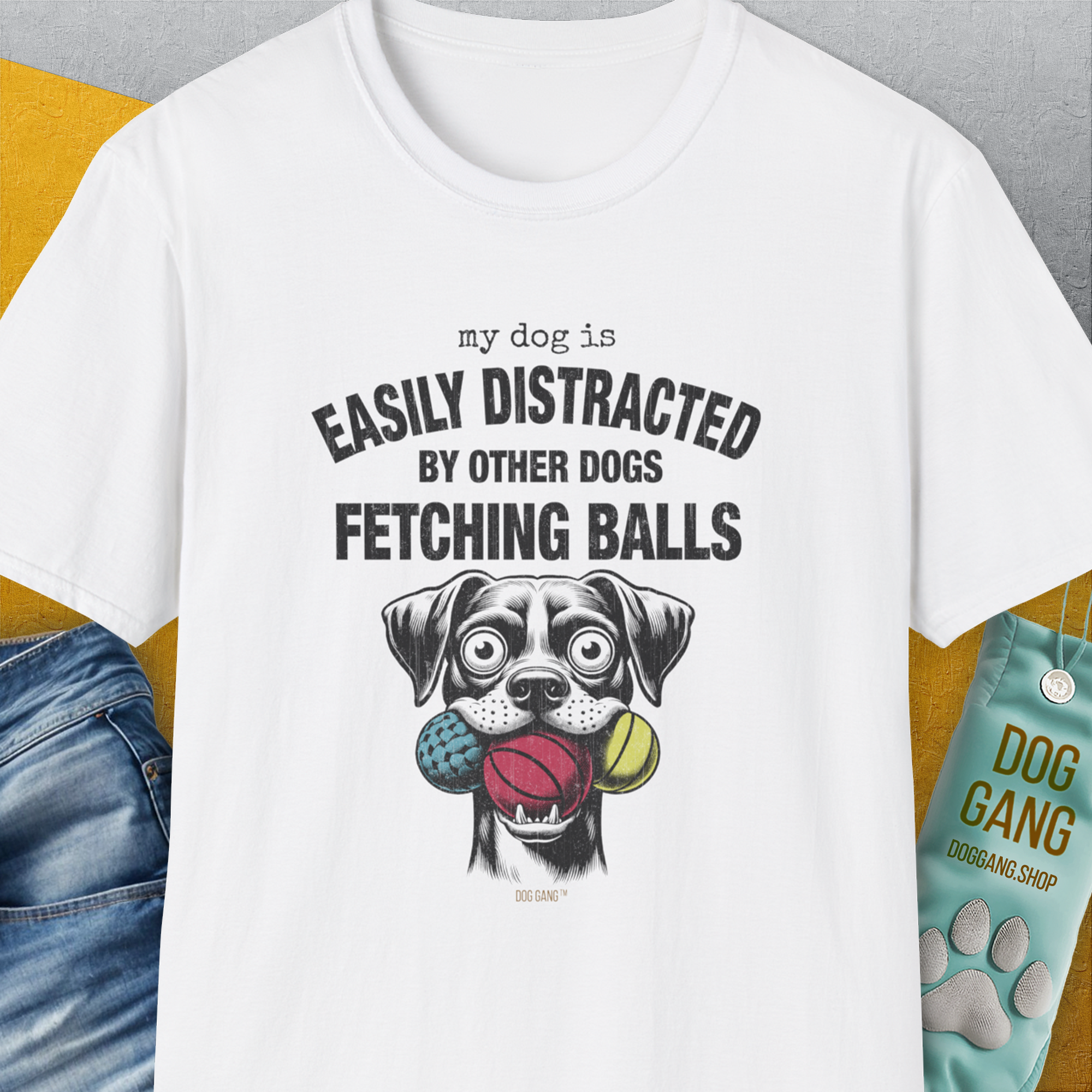 My Dog Is Easily Distracted By - Volume 4: Other Dogs Fetching Balls, Unisex T-Shirt-White. A perfect gift for dog lovers and dog owners. Design by Dog Gang