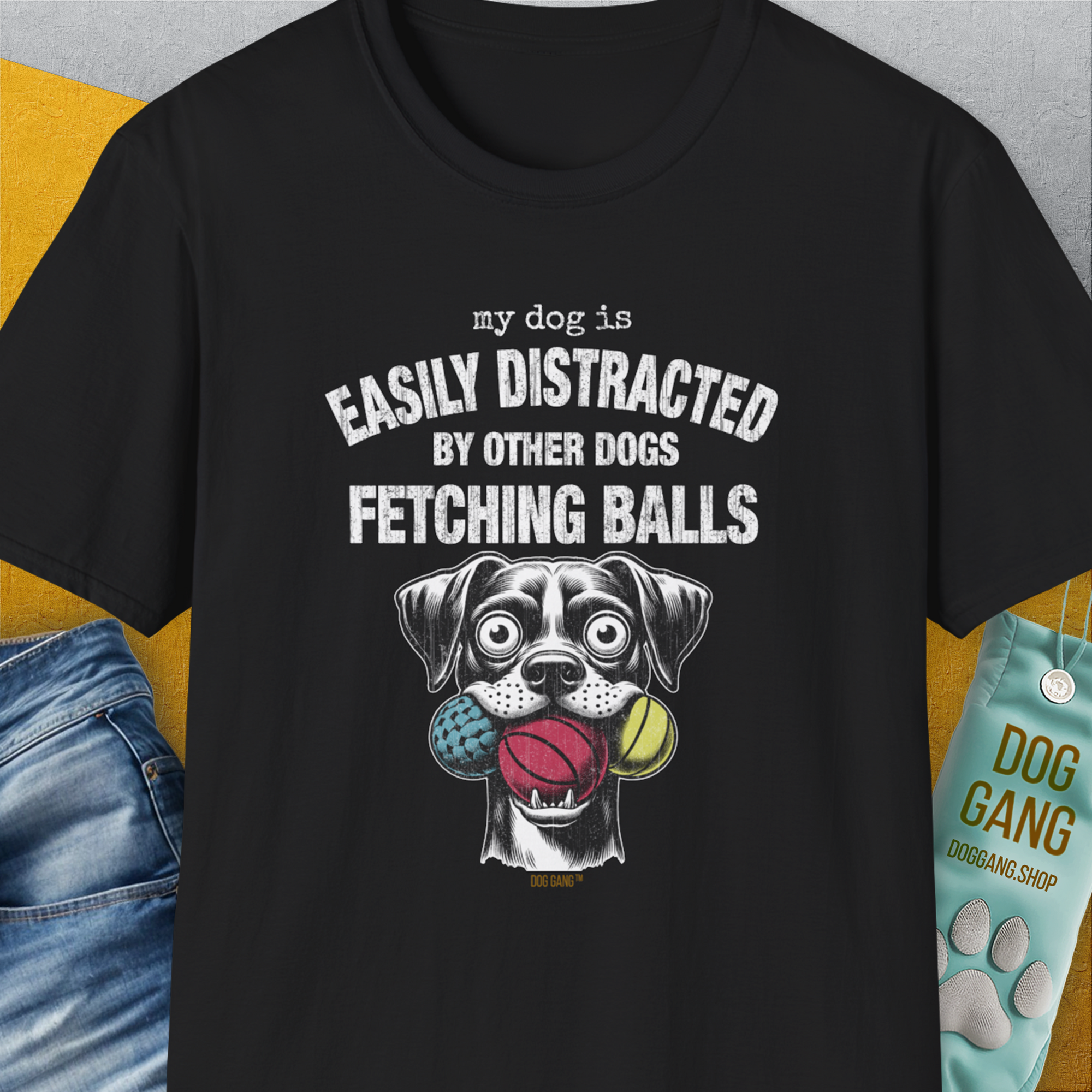 My Dog Is Easily Distracted By - Volume 4: Other Dogs Fetching Balls, Unisex T-Shirt-Black, Design by Dog Gang