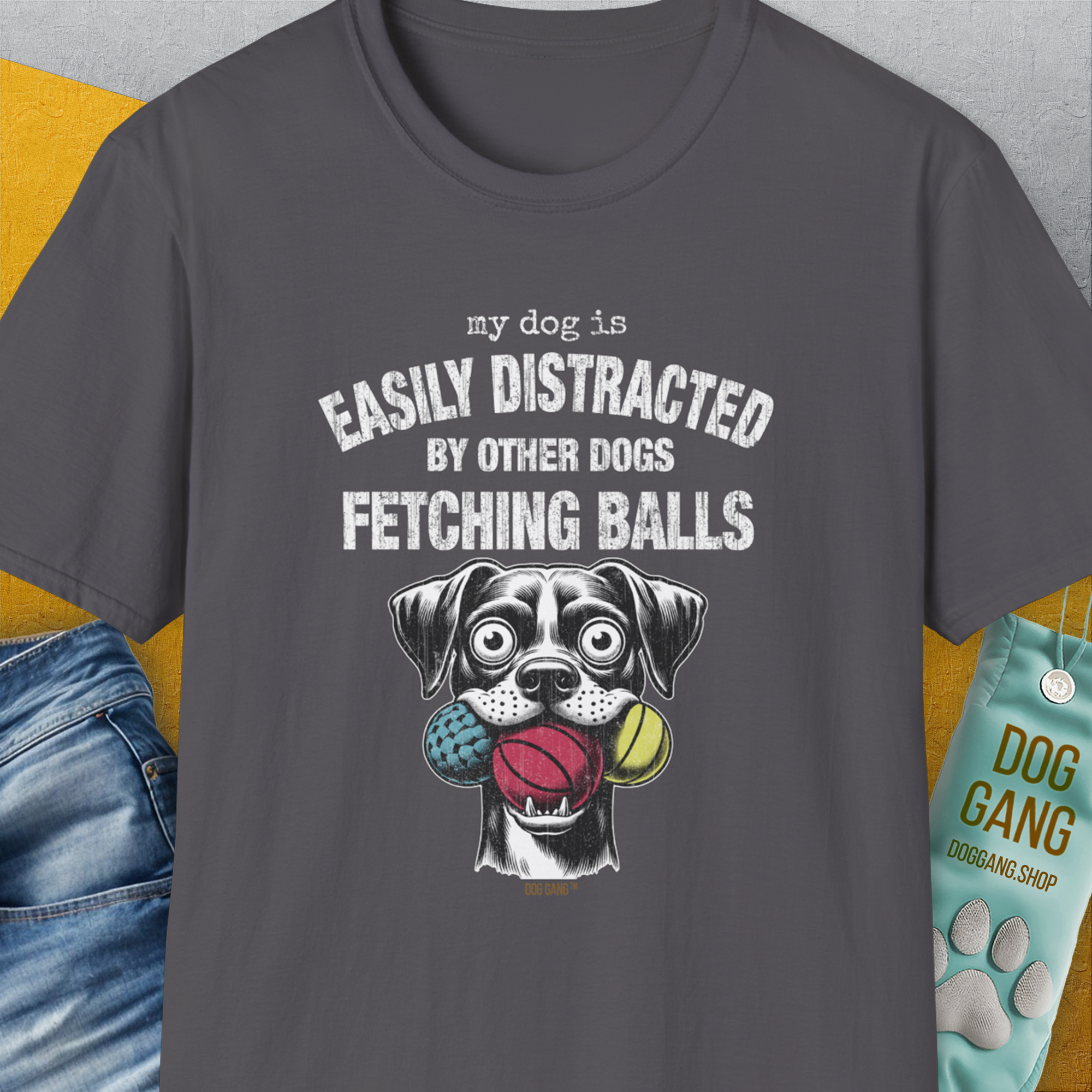My Dog Is Easily Distracted By - Volume 4: Other Dogs Fetching Balls, Unisex T-Shirt-Charcoal, Design by Dog Gang