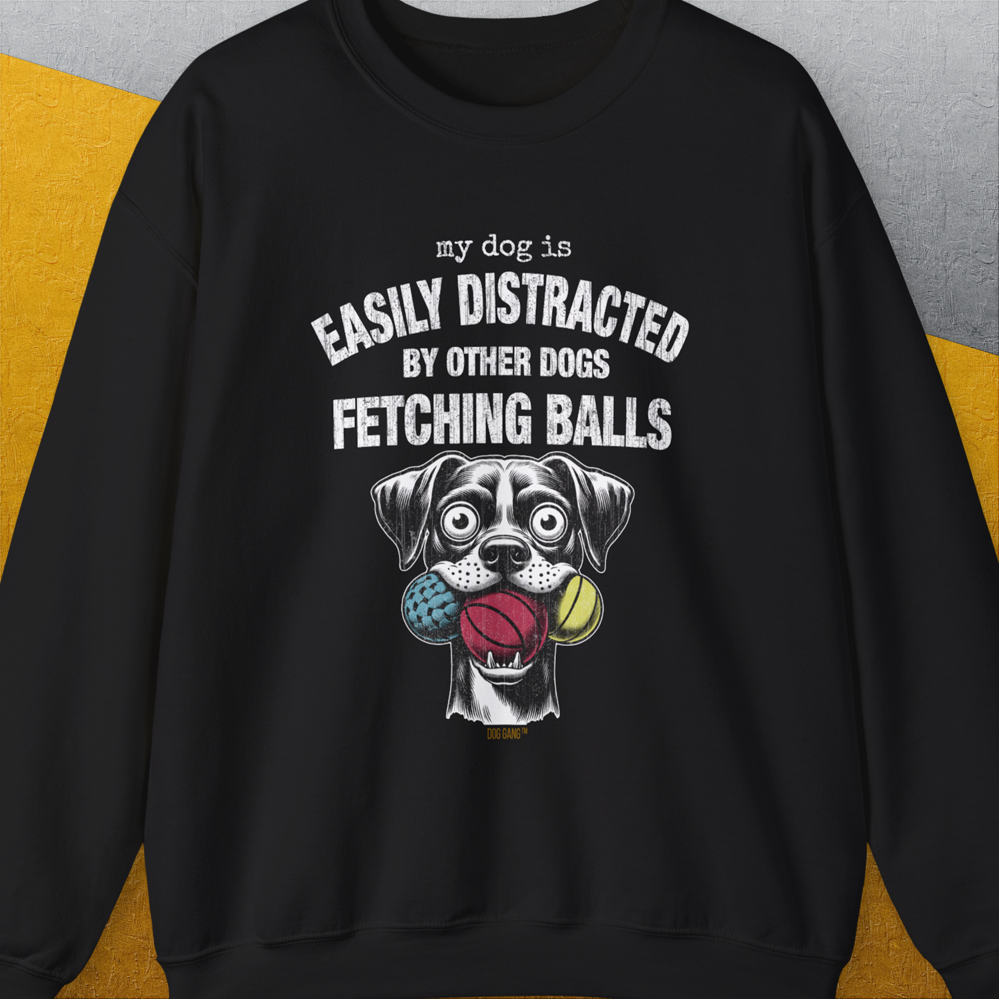 My Dog Is Easily Distracted By - Volume 4: Other Dogs Fetching Balls, Unisex Sweatshirt-Black, Design by Dog Gang