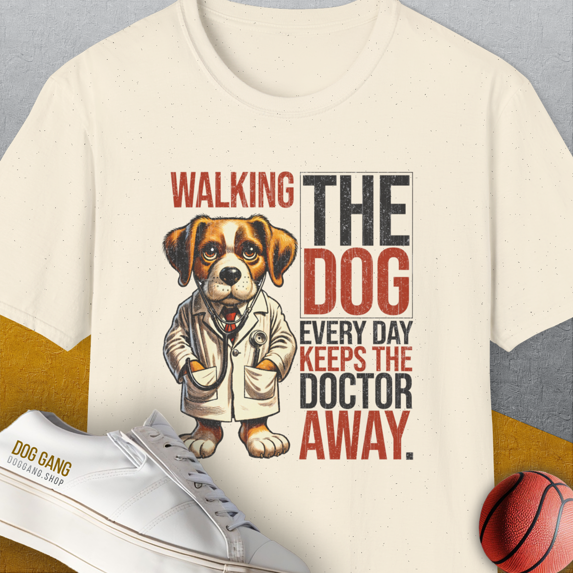 Walking The Dog Every Day Keeps The Doctor Away, Volume 1, Unisex T-Shirt-Natural-funny dog lover Shirtdesign by Dog Gang