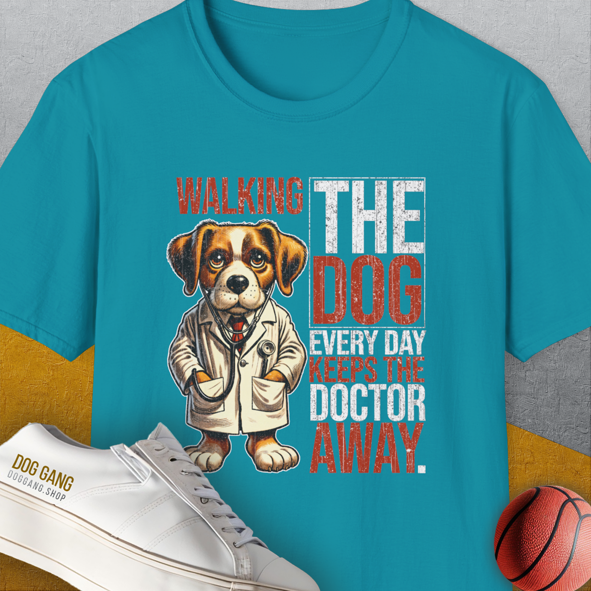 Walking The Dog Every Day Keeps The Doctor Away, Volume 1, Unisex T-Shirt-Tropical Blue-funny dog lover Shirtdesign by Dog Gang
