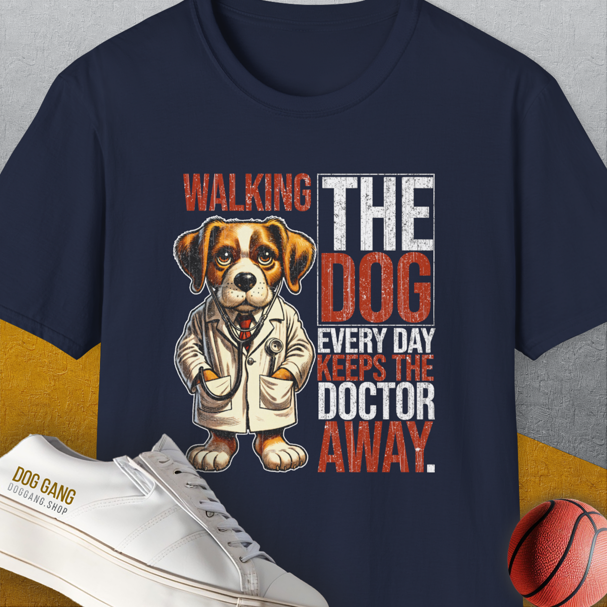 Walking The Dog Every Day Keeps The Doctor Away, Volume 1, Unisex T-Shirt-Navy-funny dog lover Shirtdesign by Dog Gang