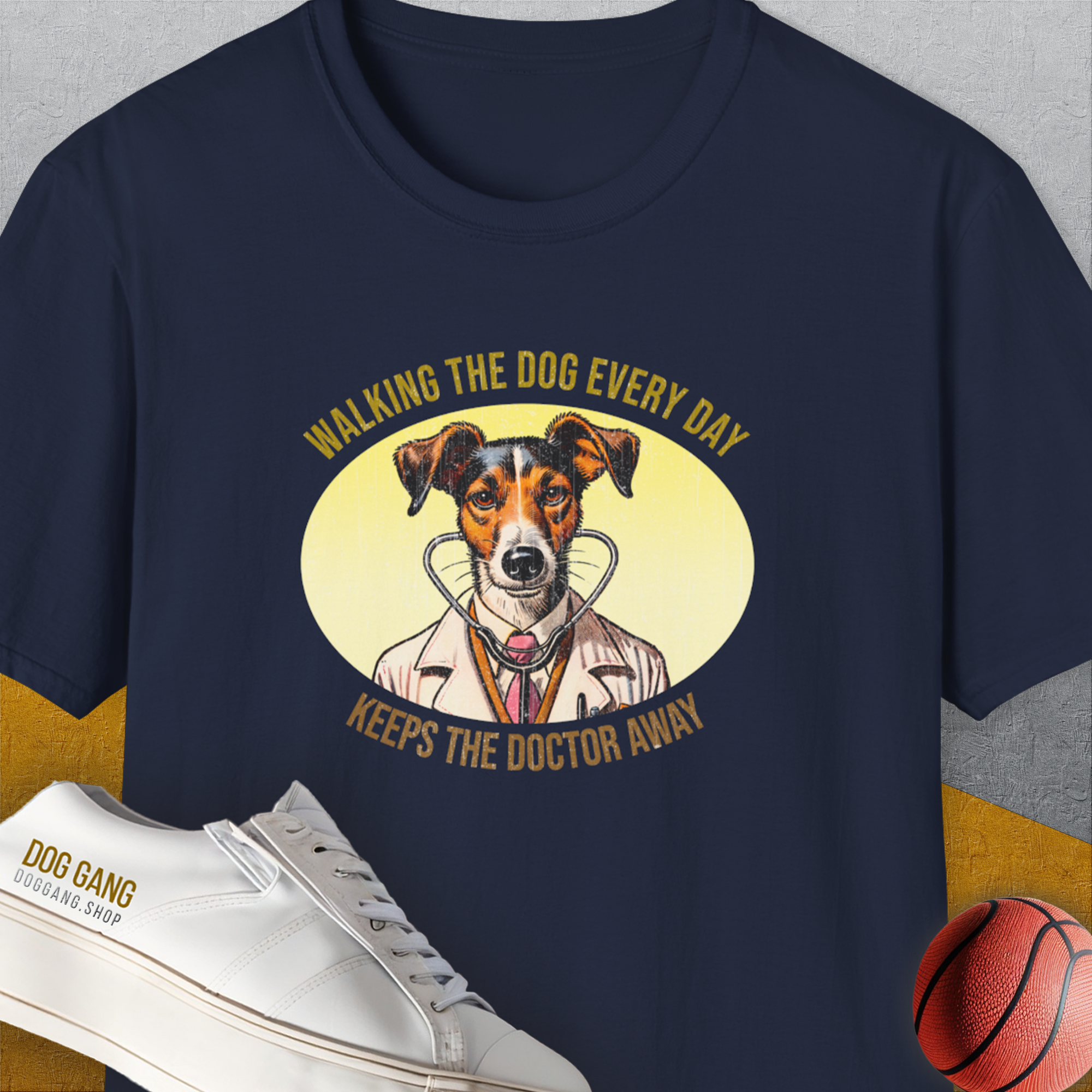 Walking The Dog Every Day Keeps The Doctor Away, Volume 2, Unisex T-Shirt-Navy-funny dog lover Shirtdesign by Dog Gang