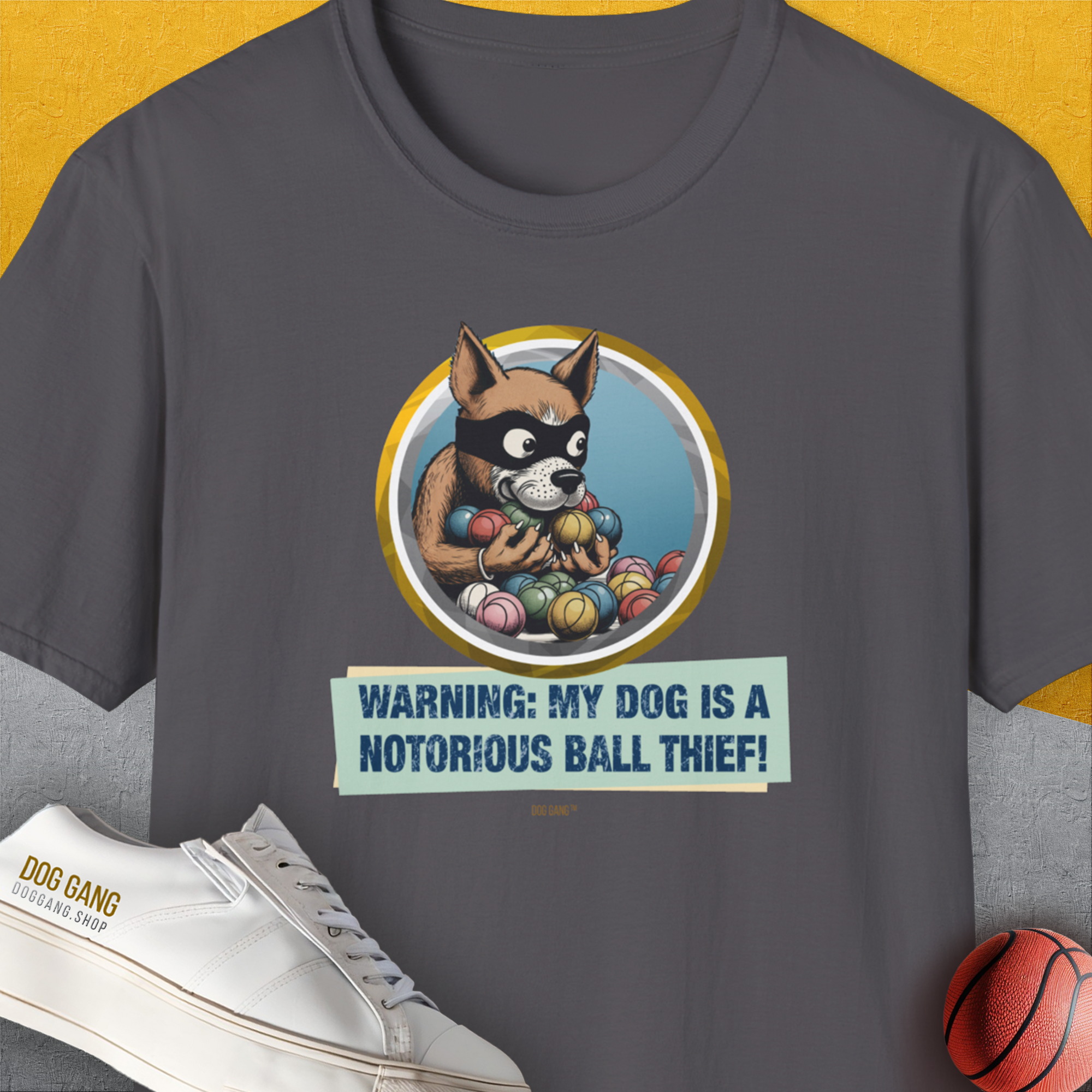 The Warning: My Dog Is A Notorious Ball Thief, Volume 1 shirt depicts a masked dog with balls and a funny quote. Perfect for any dog lover. Designed by Dog Gang.