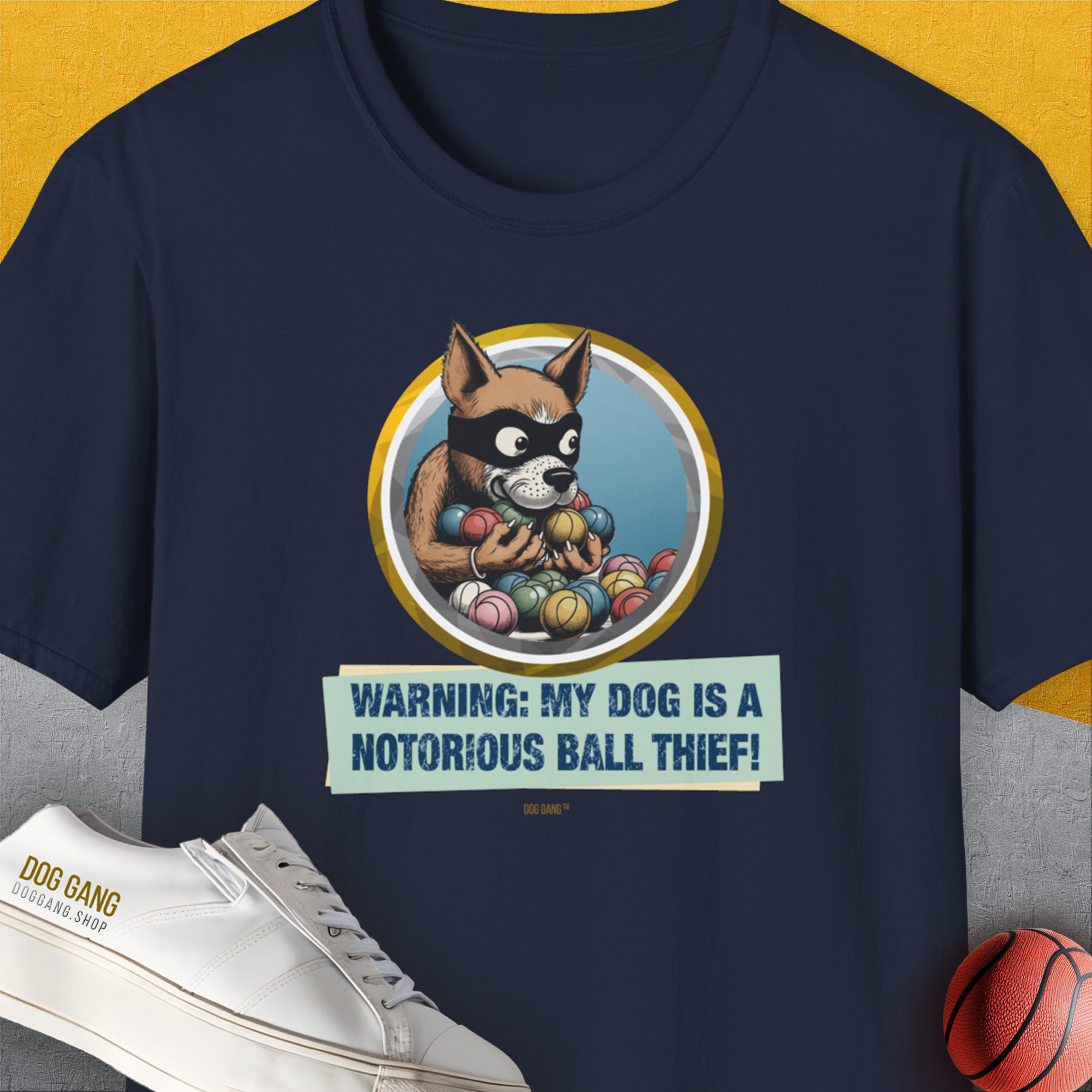 Warning: My Dog Is A Notorious Ball Thief, Volume 1, Unisex T-Shirt-Navy, Design by Dog Gang