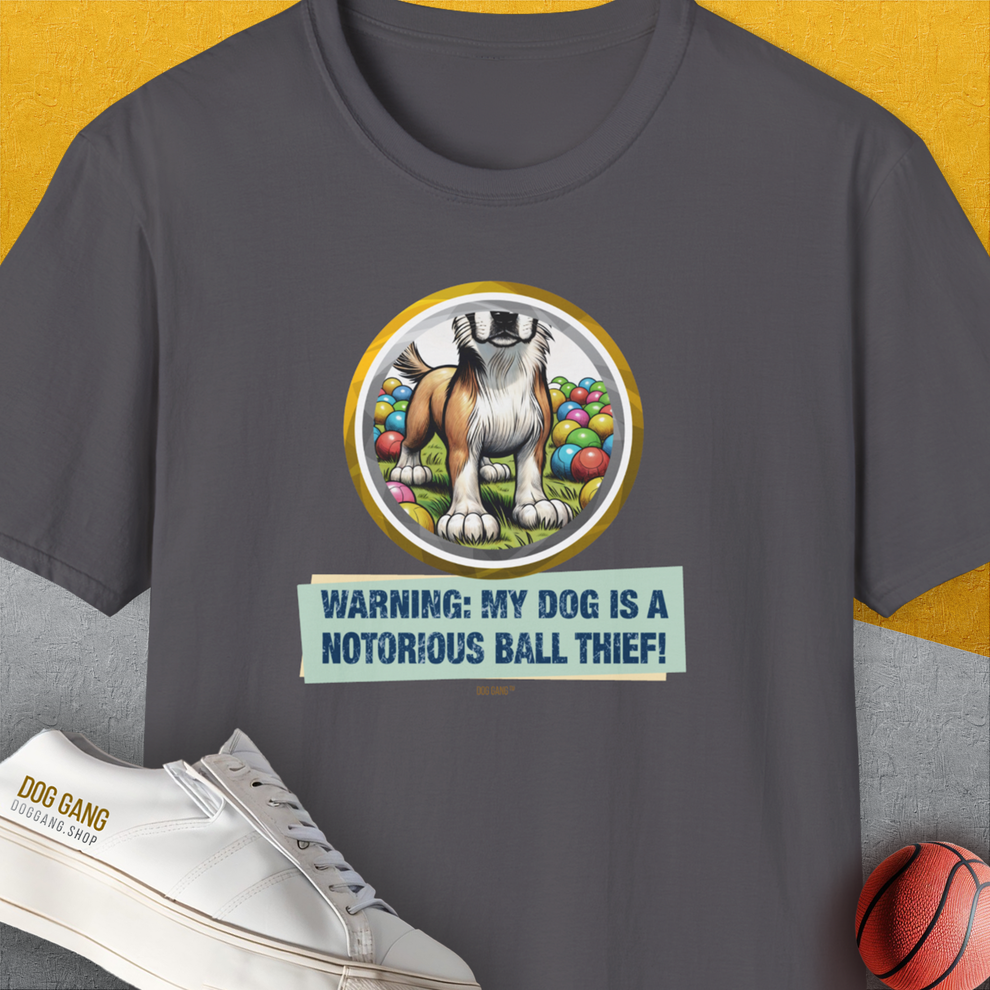 Warning: My Dog Is A Notorious Ball Thief, Volume 2, Unisex T-Shirt-Charcoal, Design by Dog Gang