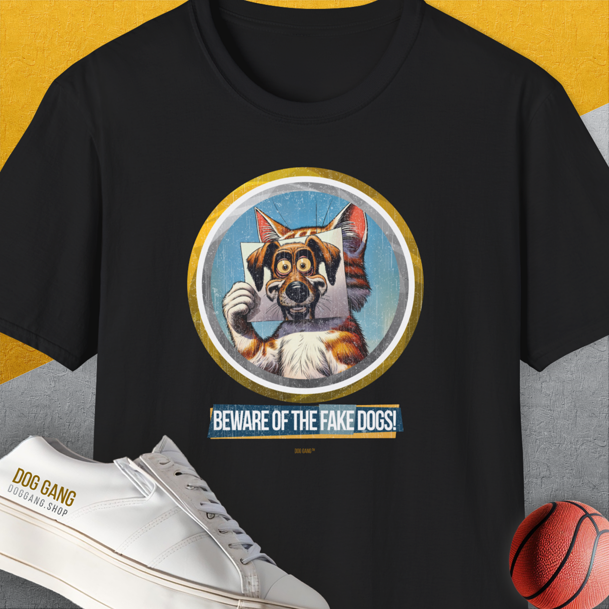 The Beware Of The Fake Dogs! Volume 1 tee features a cartoon dog with a mask and the phrase Beware of the fake dogs! Perfect for any funny dog shirt collection. Designed by Dog Gang.