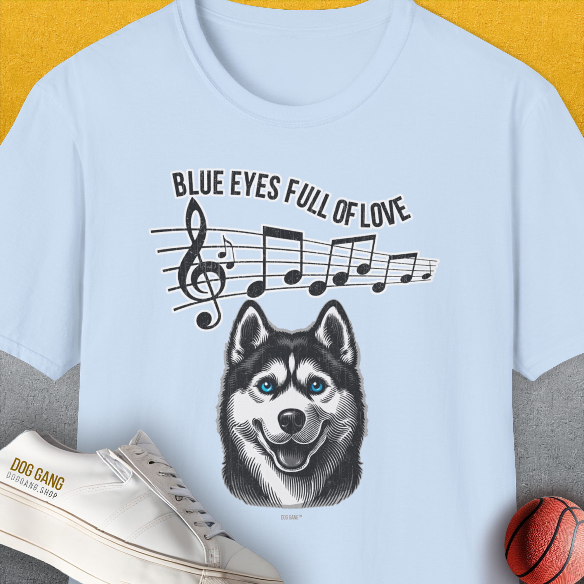 Blue Eyes Full Of Love, Volume 1 (Husky), Unisex T-Shirt-Light Blue. A perfect gift for dog lovers and dog owners. Design by Dog Gang
