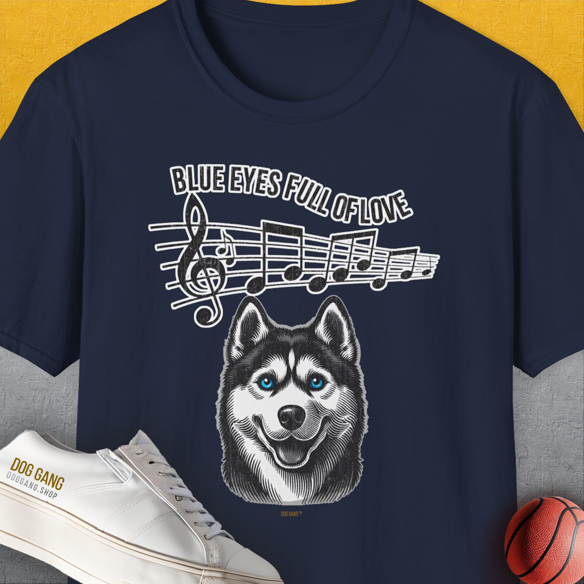 Blue Eyes Full Of Love, Volume 1 (Husky), Unisex T-Shirt-Navy, Design by Dog Gang