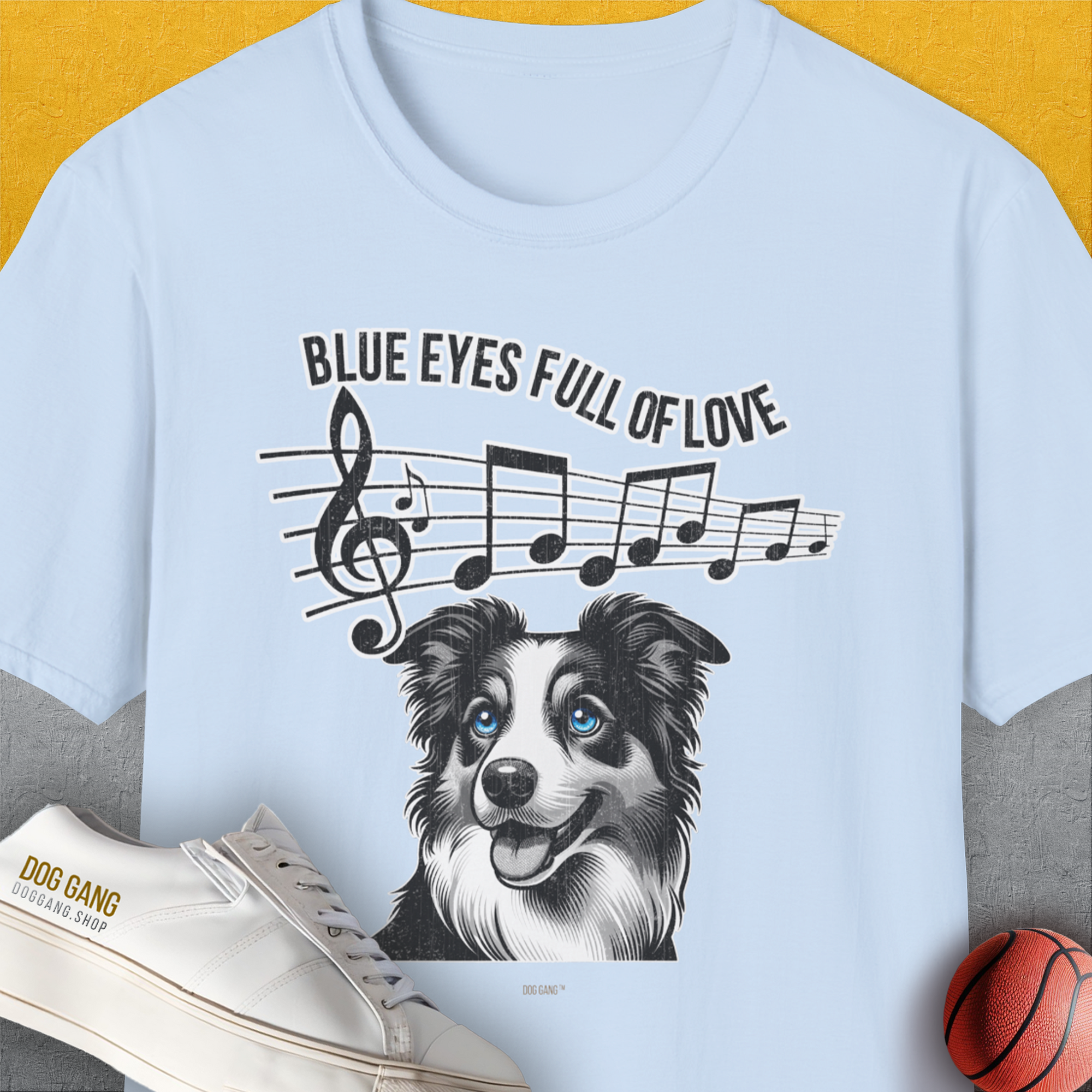 Blue Eyes Full Of Love, Volume 3 (Border Collie), Unisex T-Shirt-Light Blue. A perfect gift for dog lovers and dog owners. Design by Dog Gang