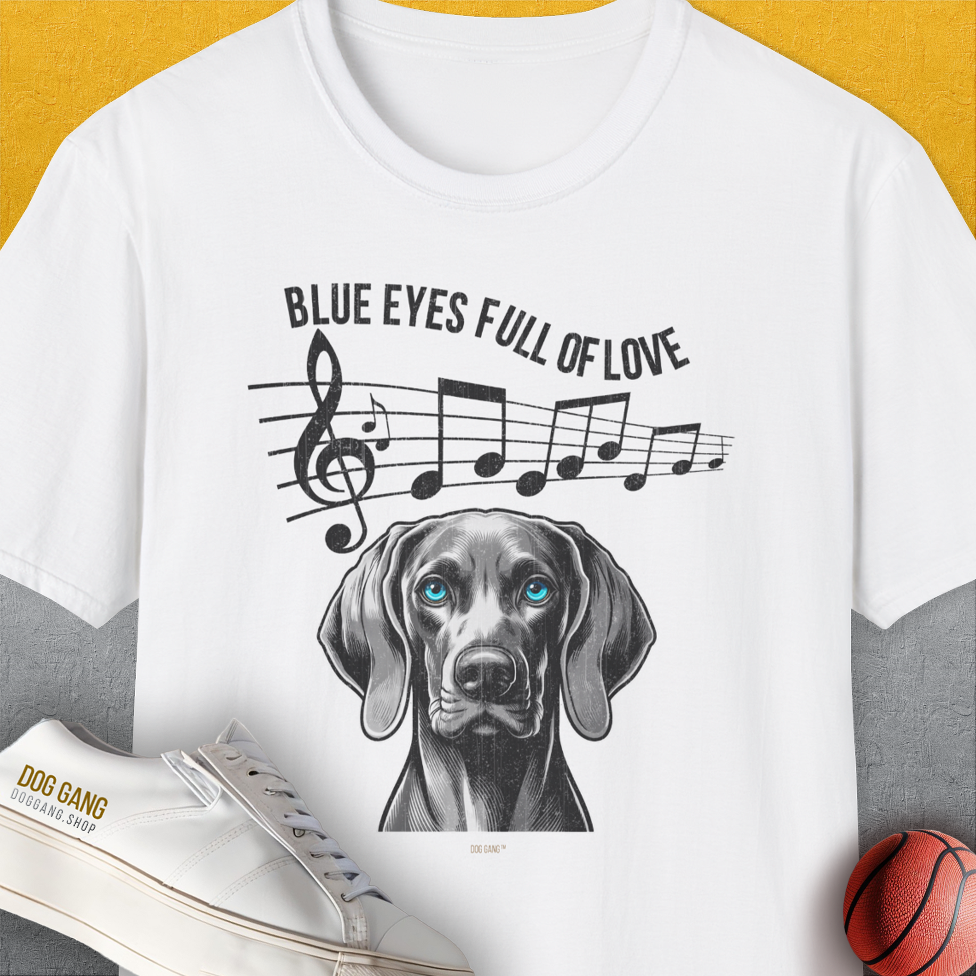 Blue Eyes Full Of Love, Volume 4 (Weimaraner), Unisex T-Shirt-White. A perfect gift for dog lovers and dog owners. Design by Dog Gang