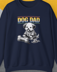 Dog Dad with a cute cartoon puppy, fabric bone, and mouse toy graphics. Perfect for any dog owner proud to show off their canine connection. Designed by Dog Gang.