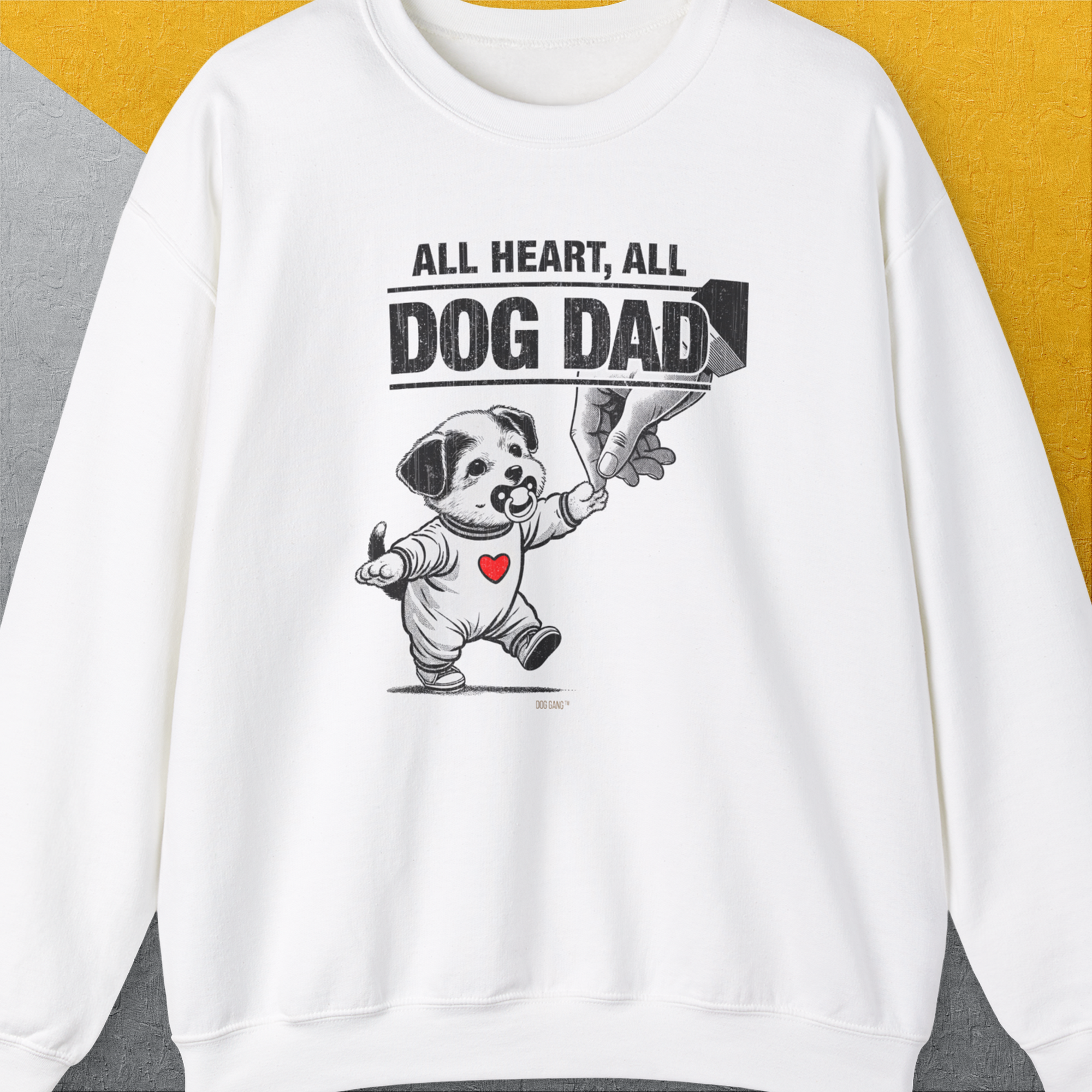 The Dog Dad Series, Volume 7 unisex sweatshirt features All Heart, All Dog Dad with a cartoon dog and red heart. Perfect for any dog person. Designed by Dog Gang.