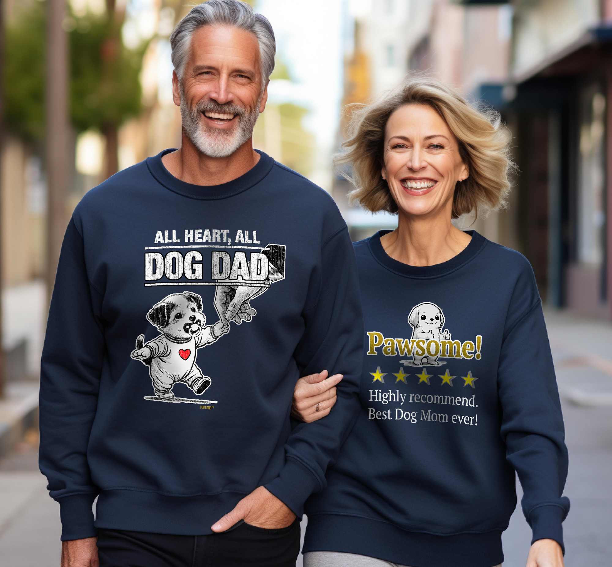 a woman and a man wearing a "*Dog Mom" and "Dog Dad" sweatshirt from Dog Gang TM