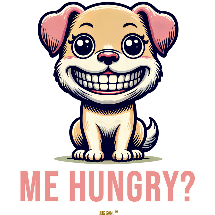 Funny & cute Doglover T-Shirt Graphic for "Me Hungry?", with a lovely comic cartoon puppy smiling, designed by Dog Gang (TM) from Switzerland
