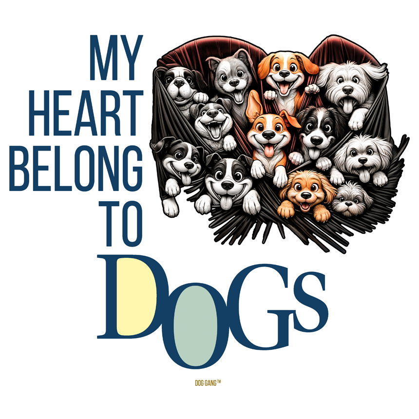 T-Shirt cartoon-style Graphic for "My Heart Belong To Dogs" shows a heart with many cute dogs jumping out of it, designed by Dog Gang (TM)