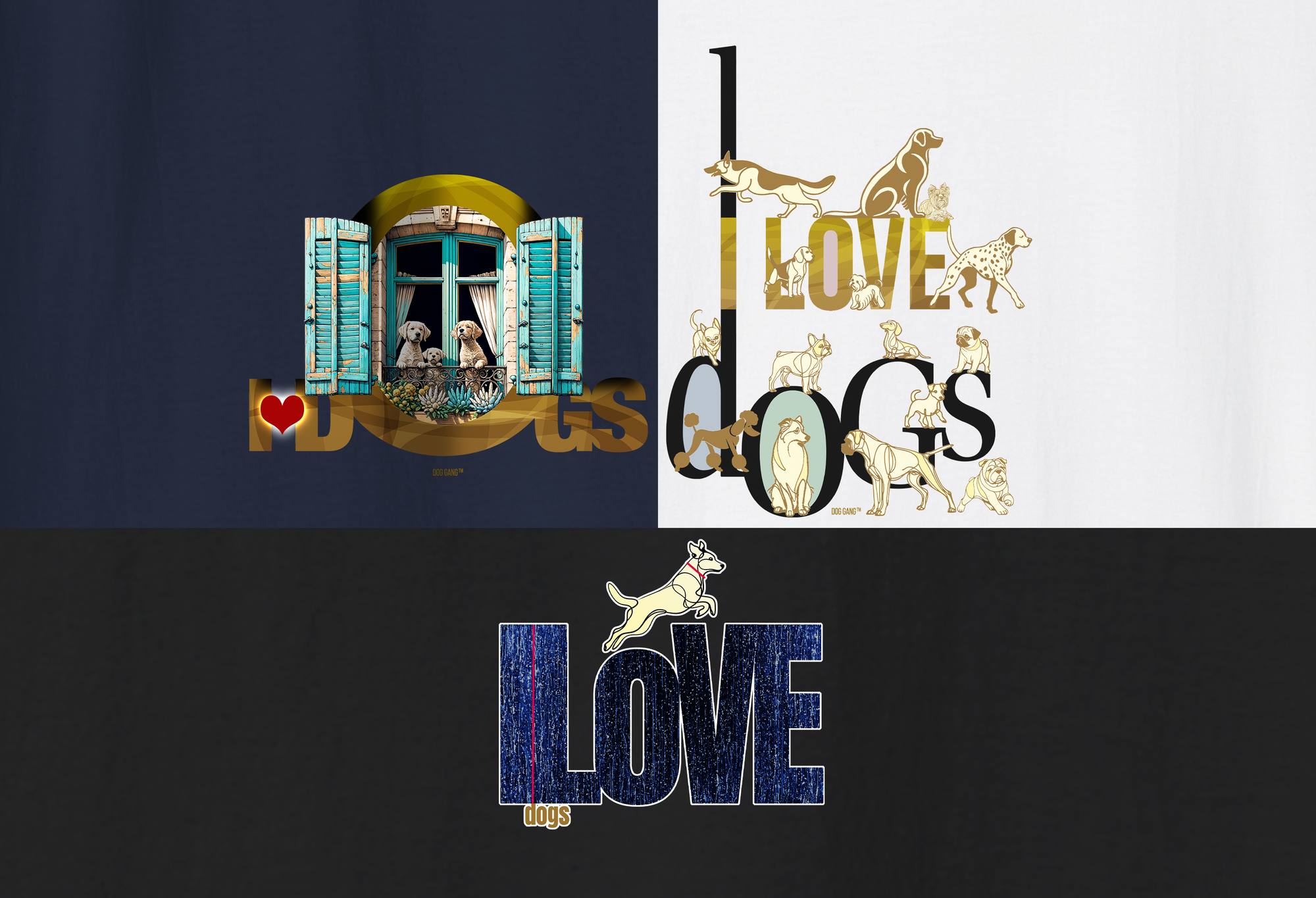 A collage of three graphic designs featuring the words I Love Dogs with various dog illustrations. Each design has a unique style with different colors and fonts, incorporating images of dogs, such as a dog in a window and playful dogs around text. DESIGNS ARE FOR T-SHIRTS, SWEATHIRTS AND HOODIES. DESIGNED BY DOG GANG IN SWITZERLAND.