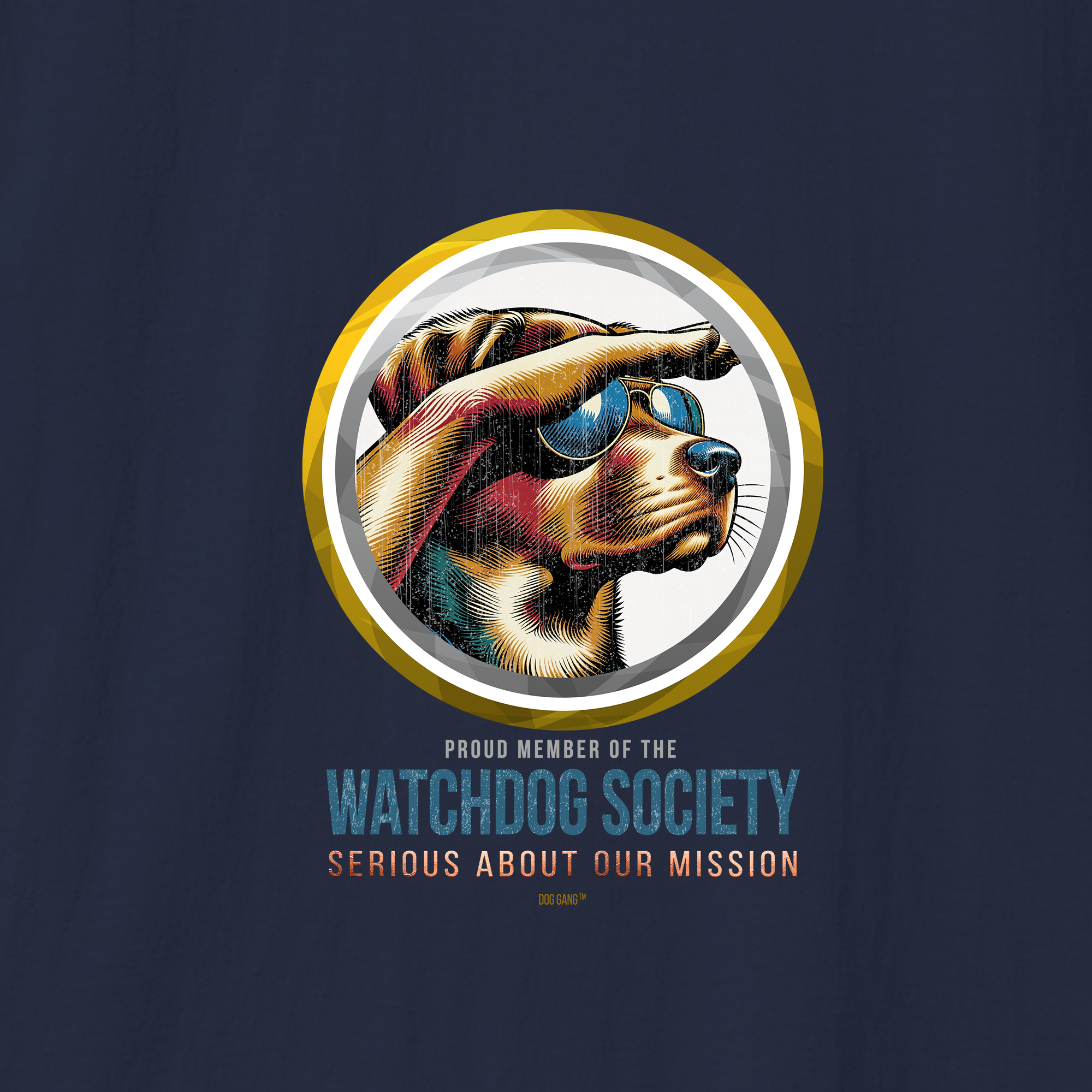 Dog Gang's (tM) iconioc *Watchdog Society" graphic, showing a cool and funny guard dog wearing sunglasses and looking into the distance