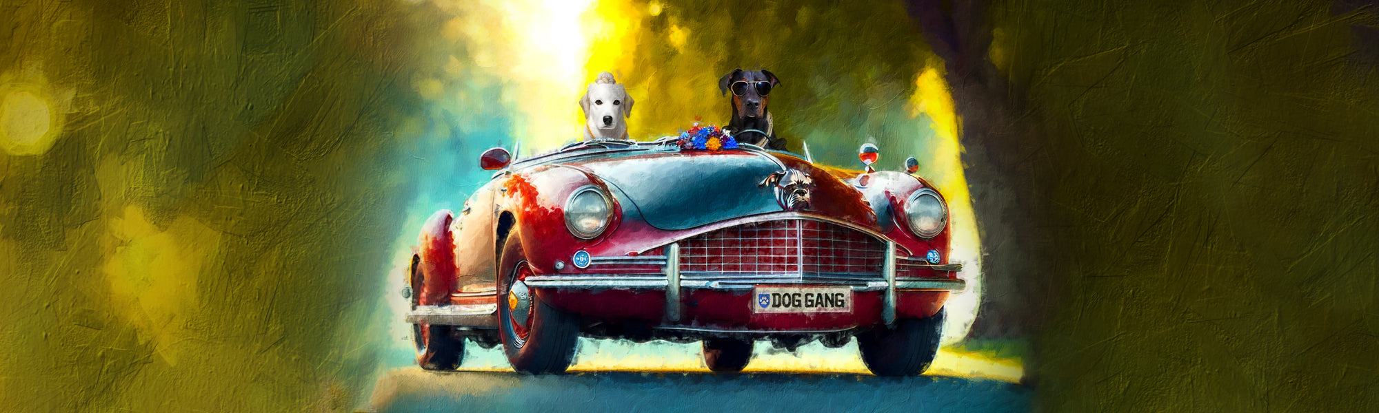 Doglovers Artwork by Dog Gang /Brandscale Switzerland - A red vintage car with a custom DOG GANG license plate is driven by two dogs. One dog is white, and the other is black and brown. The car is in motion against a blurry background of green and yellow tones.