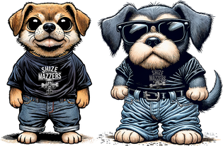 Zwei Comic-Hunde tragen schwarze T-Shirts mit dem Text „Shize Mazzers“ und Jeans. Der linke Hund hat keine Accessoires, während der rechte eine Sonnenbrille trägt. Beide Hunde stehen aufrecht.