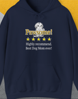 Navy unisex hoodie from Dog Mom Series, Volume 10, featuring Pawsome!, a vintage dog illustration, and five stars. Perfect dog lover gift. Designed by Dog Gang.