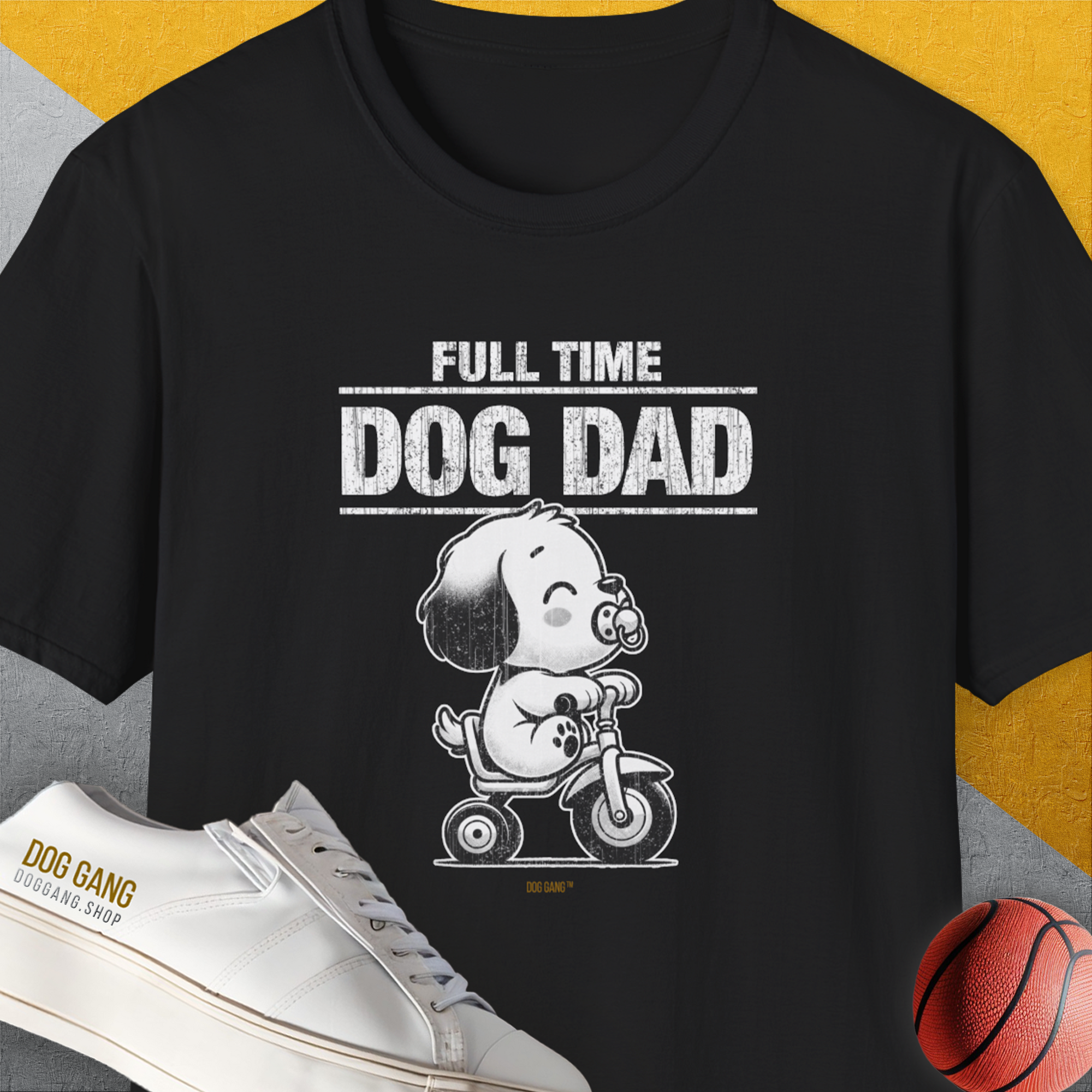 Full Time Dog Dad cartoon dog tricycle design. Designed by Dog Gang. Perfect for the dog lover or as a funny dog shirt option.