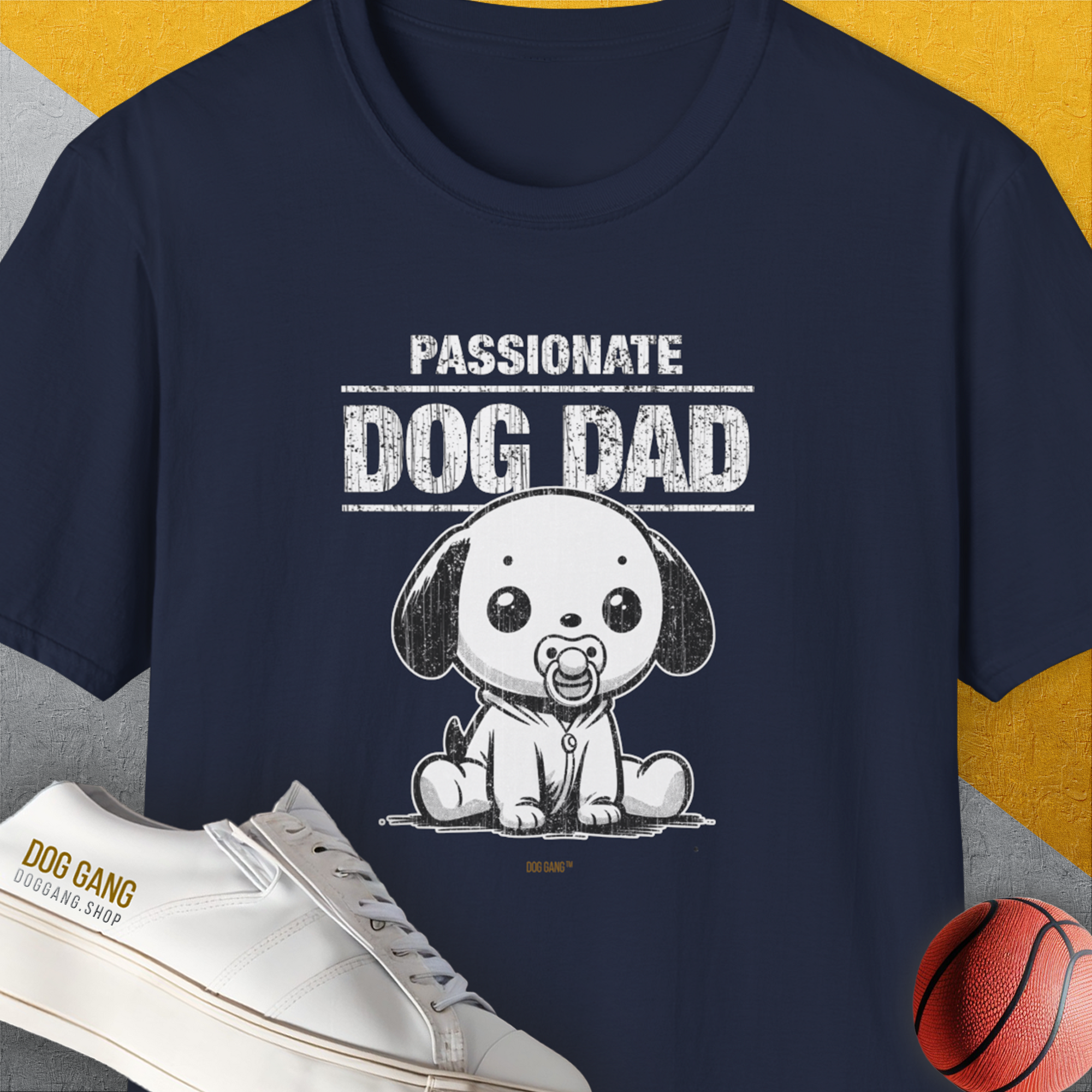 The Dog Dad Series, Volume 6 Unisex T-Shirt in navy features Passionate Dog Dad and a puppy graphic. A perfect gift for any dog lover. Designed by Dog Gang.