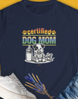 The "Dog Mom" Series, Volume 1 Womens T-Shirt in navy features a funny dog puppy and toys. Perfect for any dog lover. Designed by Dog Gang.