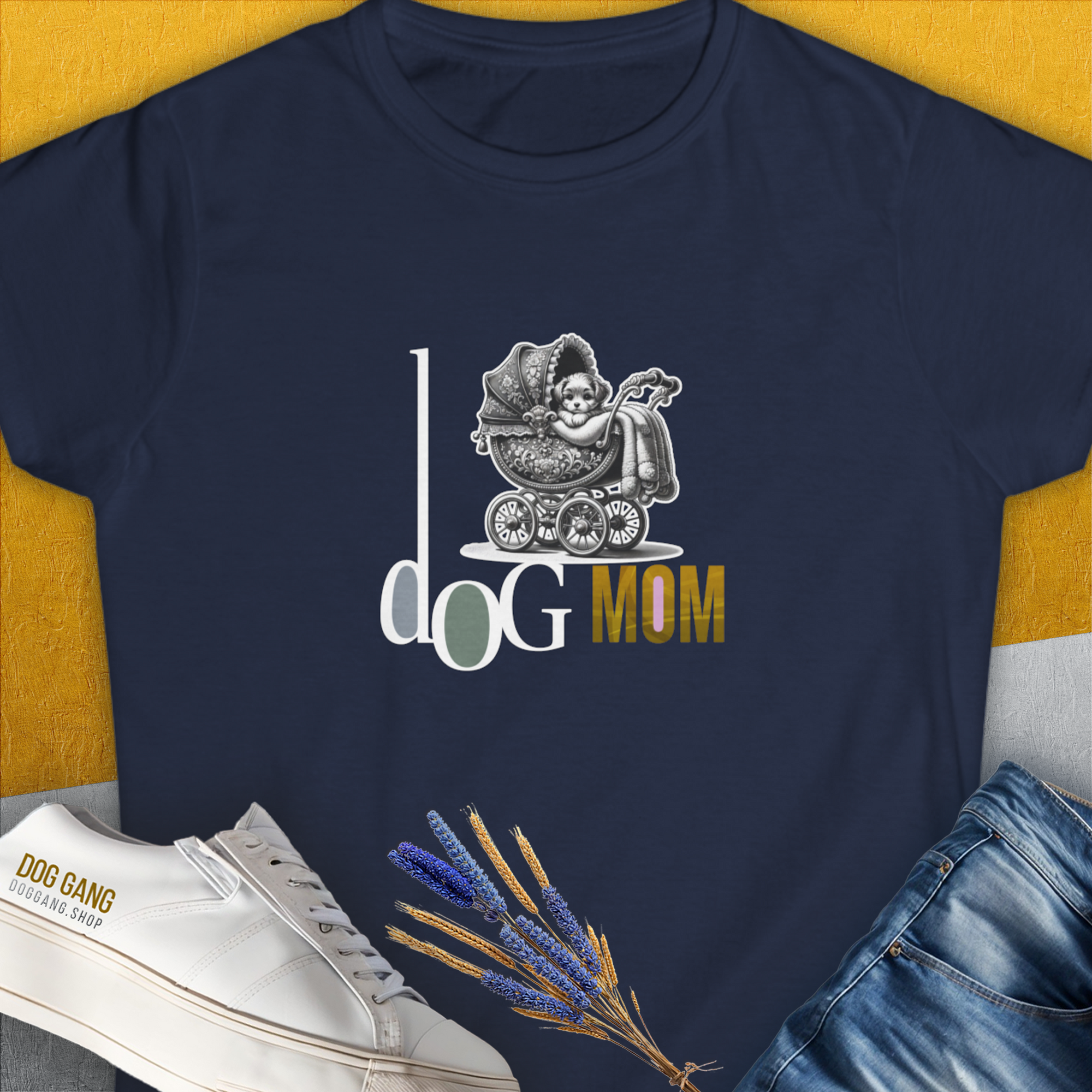 Dog-themed tee with vintage dog stroller print. Designed by Dog Gang.