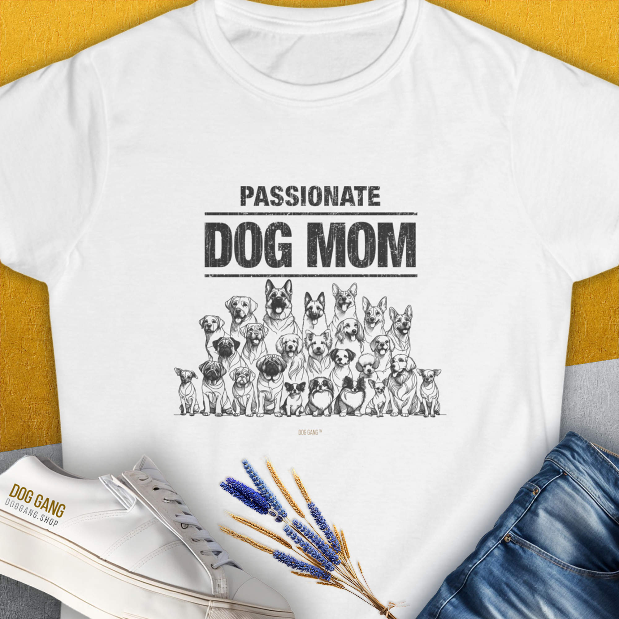 Womens T-Shirt - Dog Mom Series, Volume 8. Displays Passionate Dog Mom with cute dog illustrations. Designed by Dog Gang.